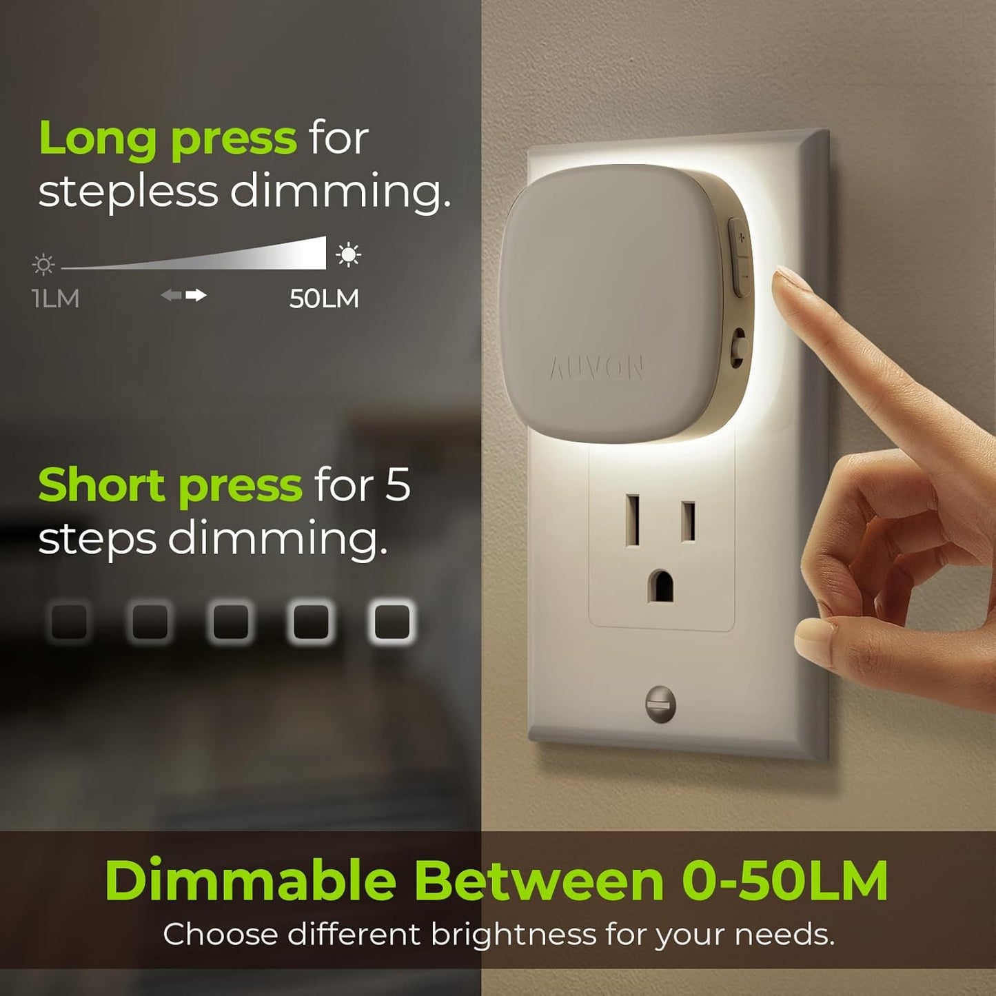 AUVON Plug-in LED Backlit Night Light with Motion Sensor & Dusk to Dawn Sensor, Dimmable Cool White Nightlight with 1-50 lm Adjustable Brightness for Bedroom, Bathroom, Stairs, Hallway (4 Pack)