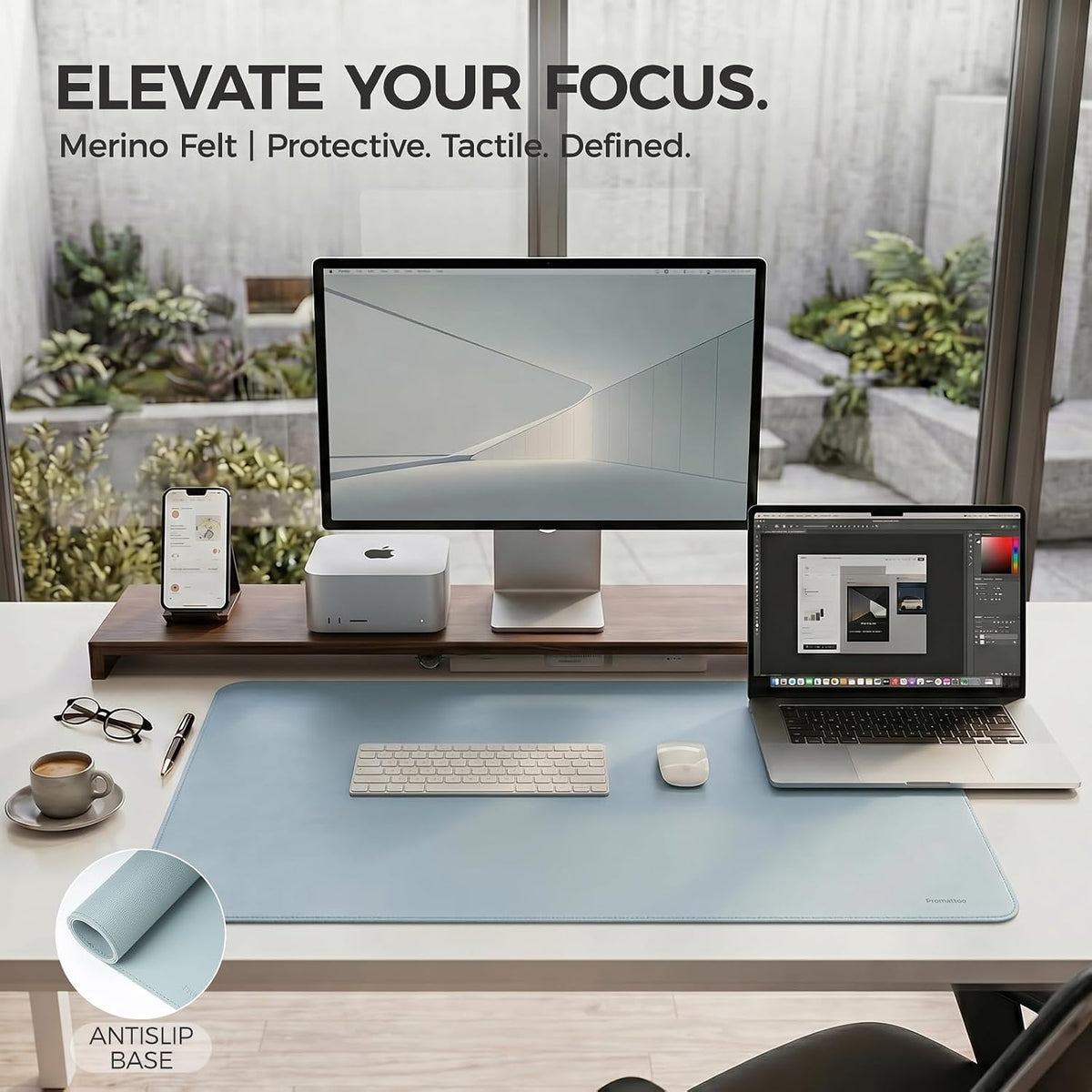 Large Desk Pad Non-Slip Desk Mat Protector for Keyboard Mouse Waterproof Vegan Leather Surface Faux Leather Laptop Mat Smooth Mouse Pad Premium Gift Tube Morning Fog Blue 35" x 17"