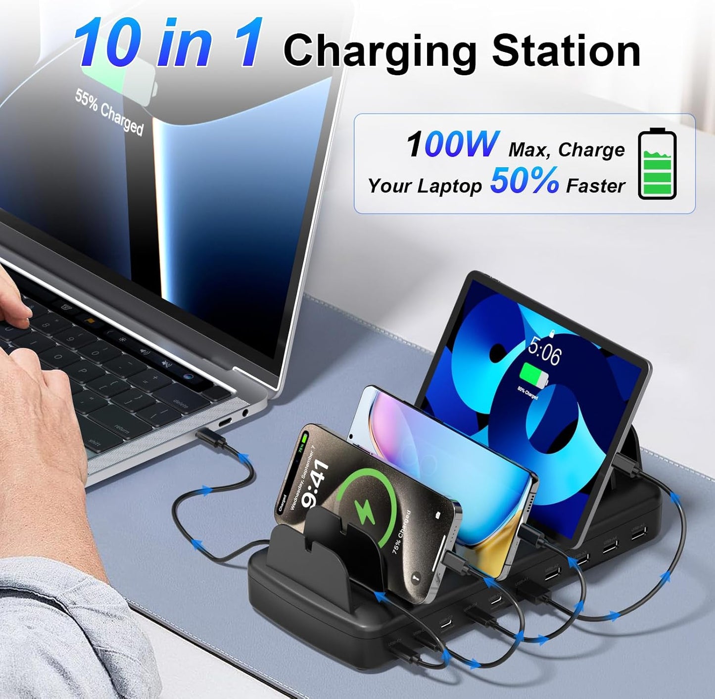 510W Fast Charging Station for Multiple Devices, 10 Port USB C Charger Station with Flame-Retardant Material & 8 Cables for iPhone, Android, iPad, Tablets, Family Office Desk Charging Dock Organizer