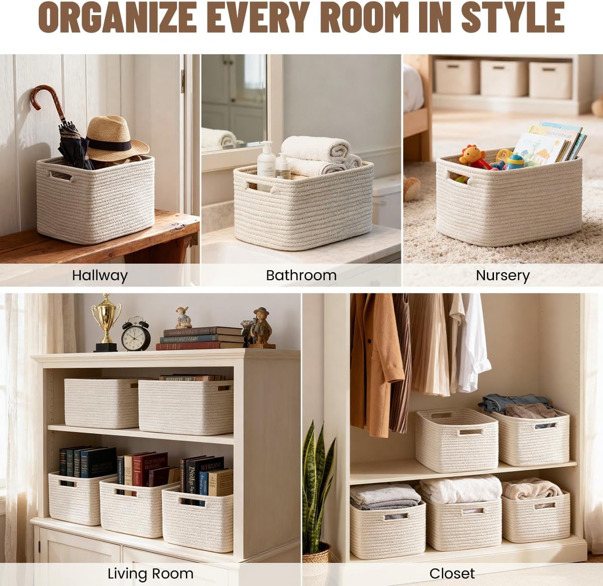 5 Pack Woven Storage Baskets, Decorative Storage Bins for Organizing