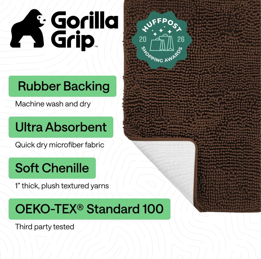 GORILLA GRIP Bath Rug Mat, Thick Soft Absorbent Chenille, Quick Dry Microfiber Mats, Rubber Backing Washable Shower Floor Rugs, US Designed Bathroom Bathmat Home Decor Accessories, 24x17, Brown