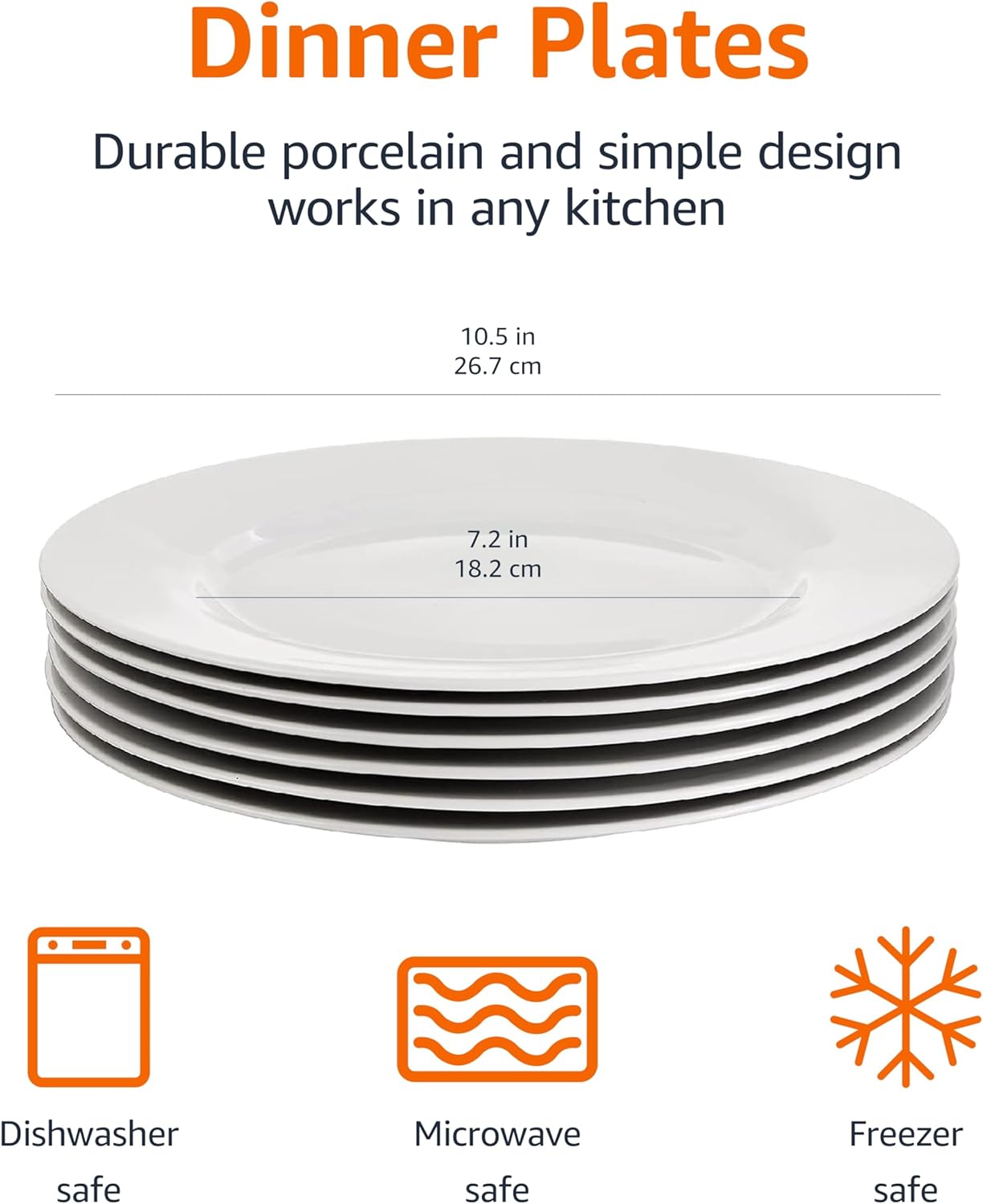 Amazon Basics 6-Piece White Dinner Plate Set, Microwave and Dishwasher Safe for Everyday Use, 10.5 inches