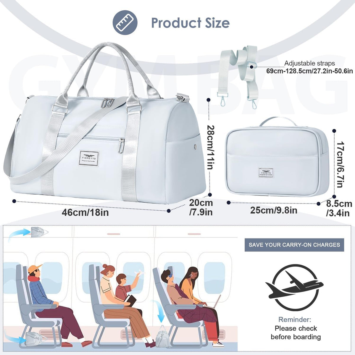 FIORETTO Womens Gym Tote Duffle Bag with Toiletry Bag, Sports Duffel Overnight Hospital Workout Carry on Bag for Girls with Wet Pocket & Shoe Compartment, Ideal for Travel, Swimming, Dance Grey