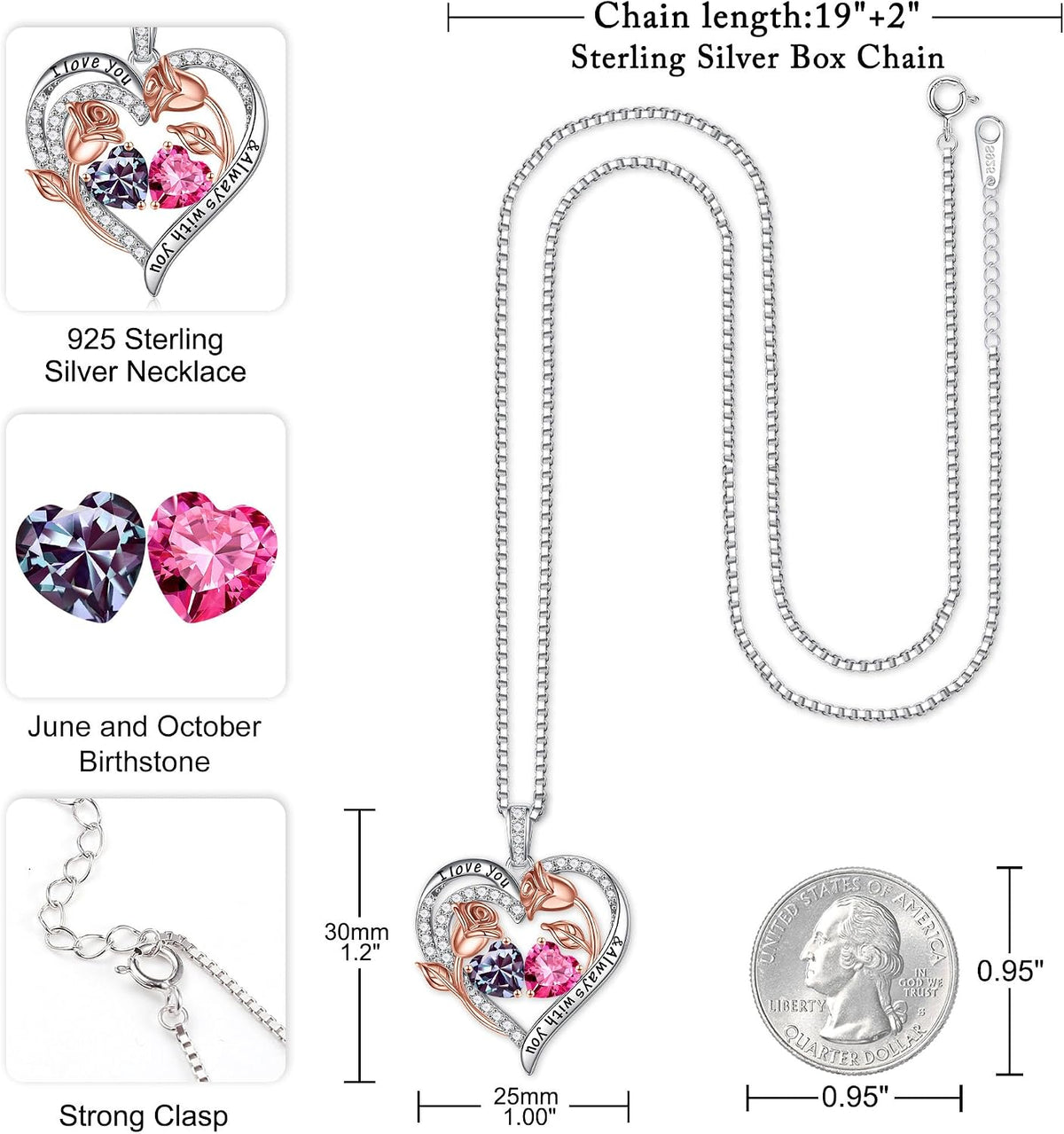Iefil Birthstone Necklace for Women - Rose Heart Necklace