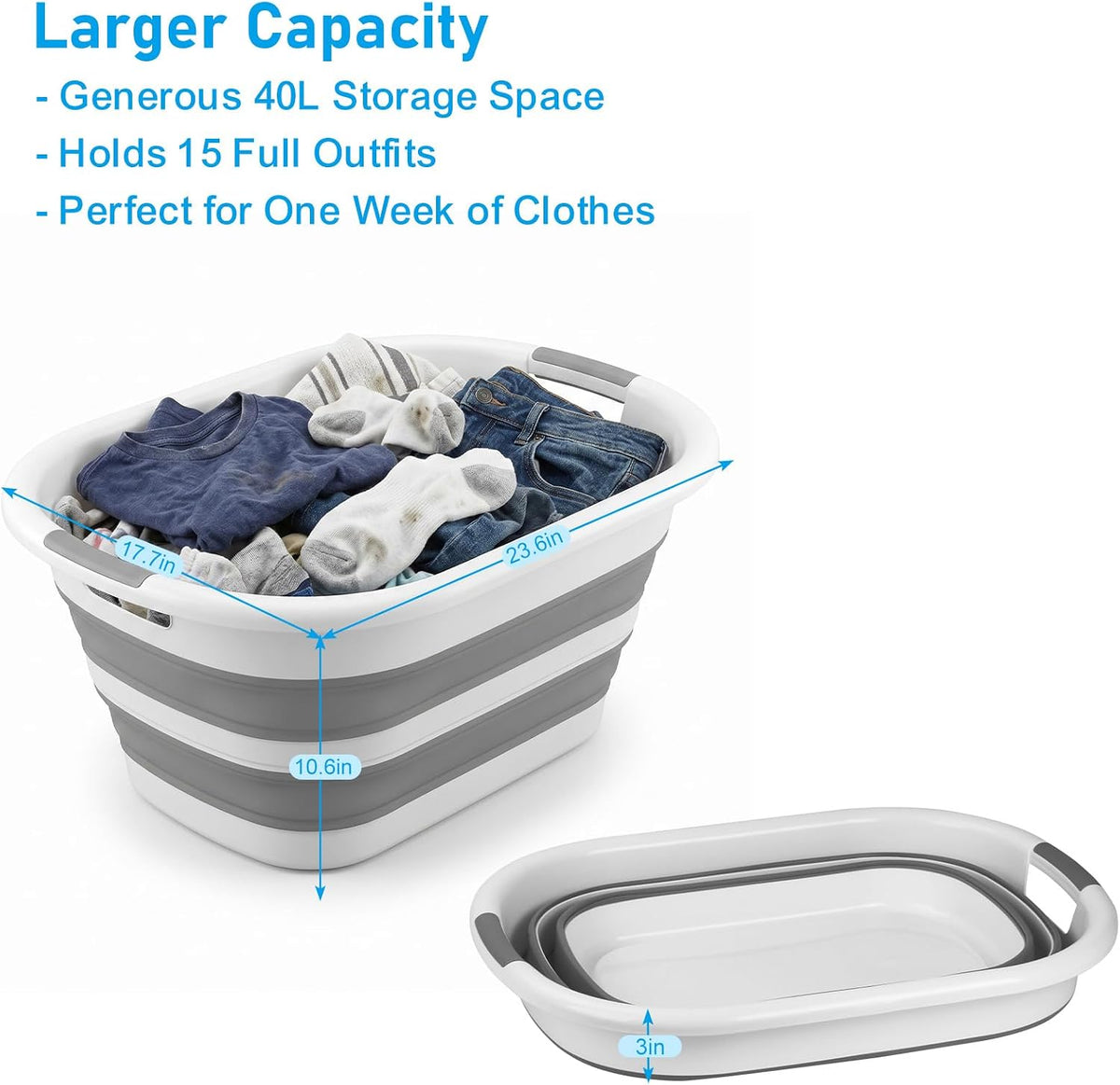 Collapsible Laundry Basket 40L(10.5 Gallon) – Plastic Foldable Pop-Up Clothes Hamper with Handles - Portable Washing Tub & Space Saving Organizer for Dorm, Bedroom & Bathroom