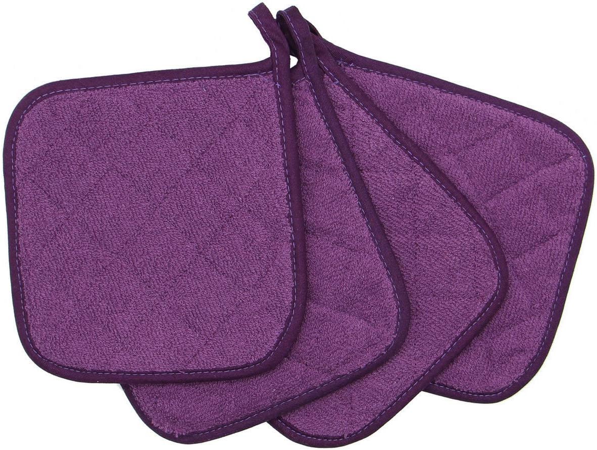 Cotton Pot Holders Cotton Made Machine Washable Heat Resistant Everyday Kitchen Basic Terry Pot Holder, Hot Pads, Trivet for Cooking and Baking Set of 4 (Eggplant)