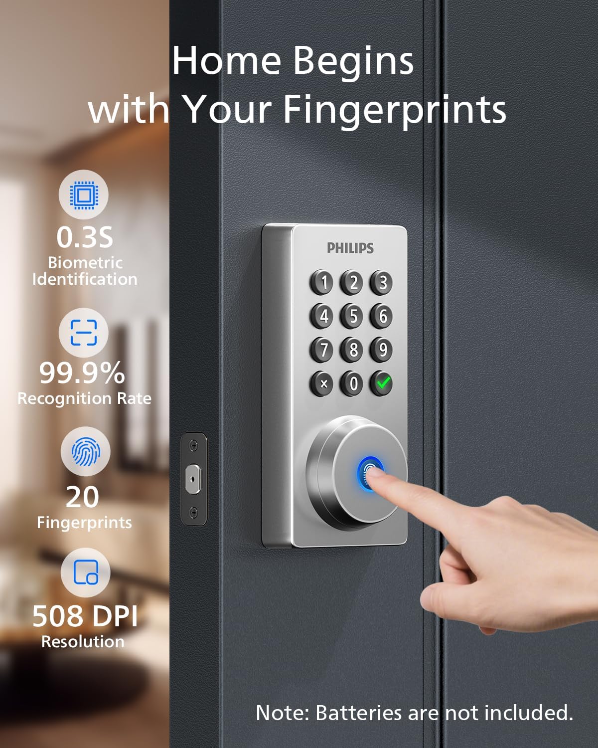 Philips Wi-Fi Door Lock, WiFi Smart Lock Keyless Entry Deadbolt for Front Door, Remote Control, Built-in WiFi, APP Fingerprint Passcode Unlock, Auto Locking