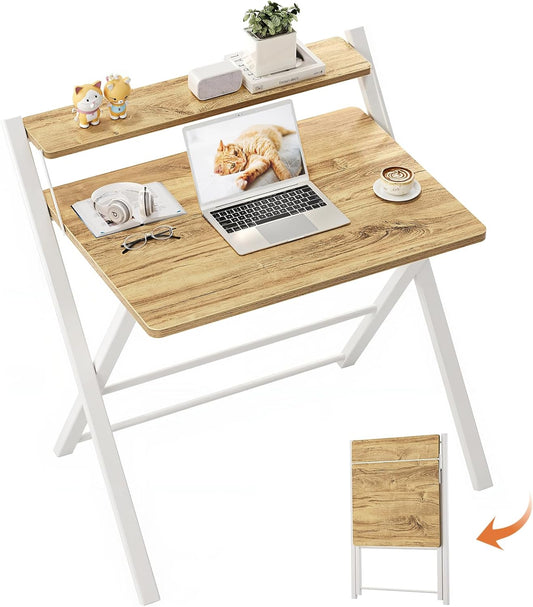 GreenForest Portable Small Desk No Assembly, 2-Tier Compact Computer Desk with Shelf, Space Saving Foldable Table for Home Office, Bedroom or Apartment, Portable Collapsible Sturdy Laptop Desk, Oak