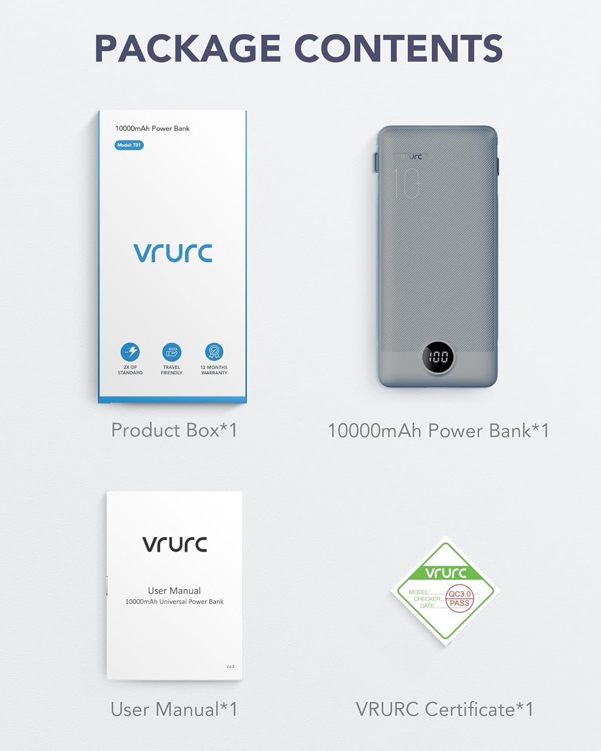 VRURC Portable Charger Built-in Cables and AC Wall Plug, USB C Power Bank 10000mAh, Travel Battery Portable Phone Charger Compact Lightweight External Battery Pack for Smart Phones, Tablets etc-Grey