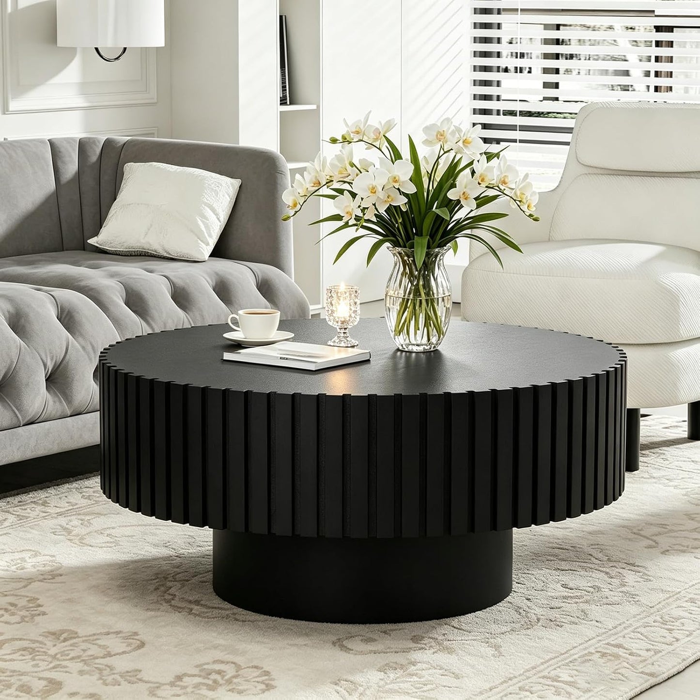 31.5" Modern Round Coffee Table (Round Black) | Contemporary Circle Fluted Center Table, Solid Wood Relief, Vintage Wooden Accent Table, For Living Room, Small Spaces