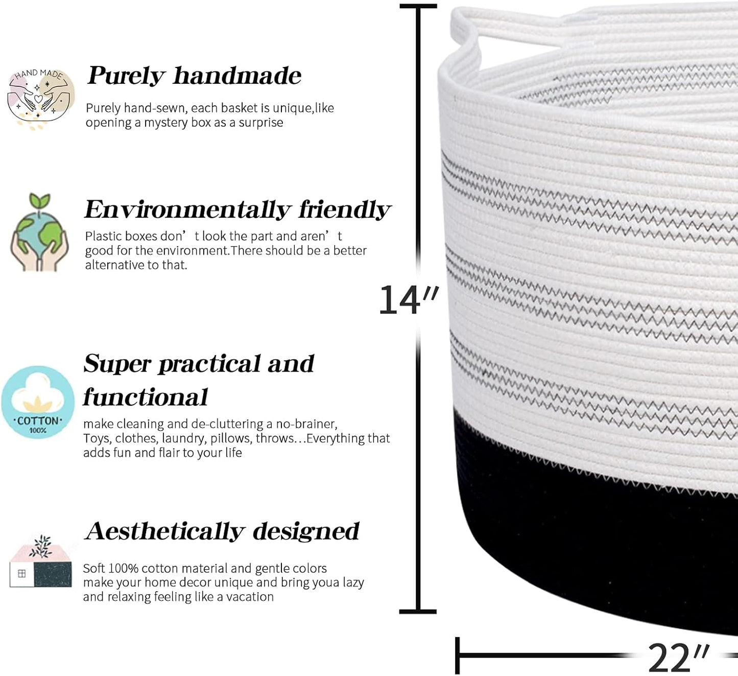 R RUNKA XXXLarge Cotton Rope Basket 22" X 22"X 14" Blanket Basket for Living Room Woven Basket Soft Baby Laundry Blanket Basket Nursery Bin Toy Basket with Handle White+Black
