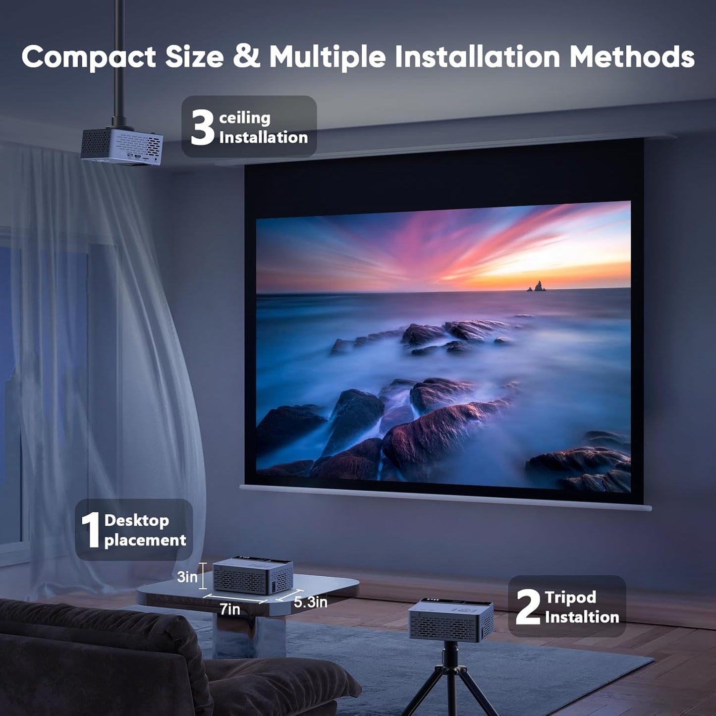 TMY 1080P Full HD Portable Mini Projector, Bluetooth Movie Projector, Compatible with TV Stick/Smartphone/PC/Game Console/HDMI/USB, Indoor & Outdoor Use, with Projector Screen