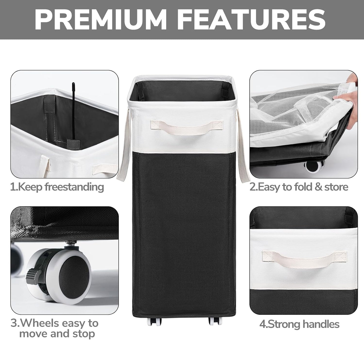 Goodpick Rolling Laundry Hamper with Wheels 75L, Black Laundry Hamper for Dirty Clothes, Collapsible Laundry Basket with Removable Wash, Black Laundry Basket with Wheels