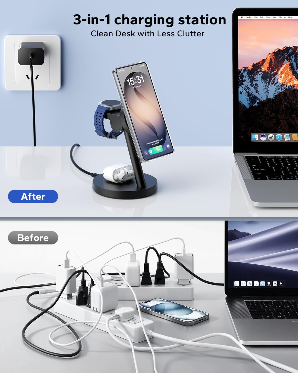 KPON for Samsung 3 in 1 Charging Station, Magnetic Wireless Charger Stand for MagSafe for Samsung Galaxy S26 Ultra/S25/Z Fold7/Flip7, Phone Watch Charger Dock for Galaxy Watch Ultra/8/7 and Buds
