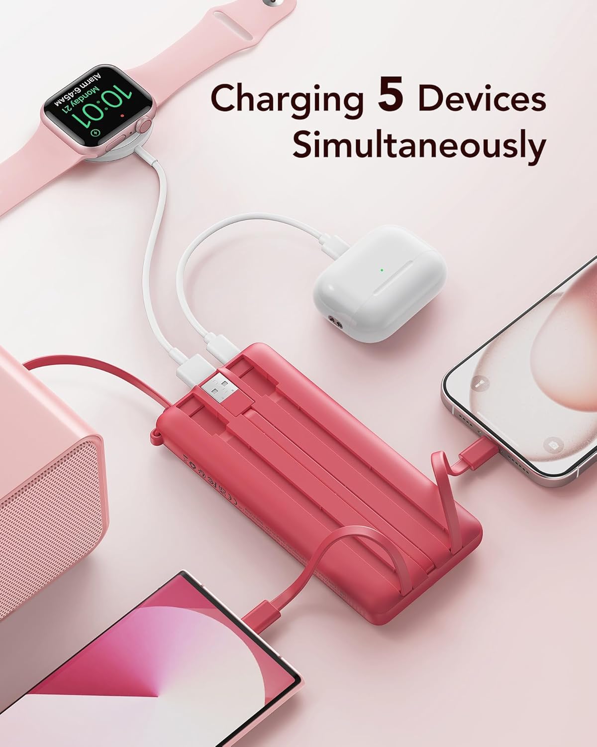 VRURC Portable Charger, Built in 4 Cables & Lanyard Power Bank 10000mAh, Compact USB C Charging Bank 5 Outputs for Multi Devices,Travel Essential for Hiking Camping Business Cruise Ship-Red(1 Pack)