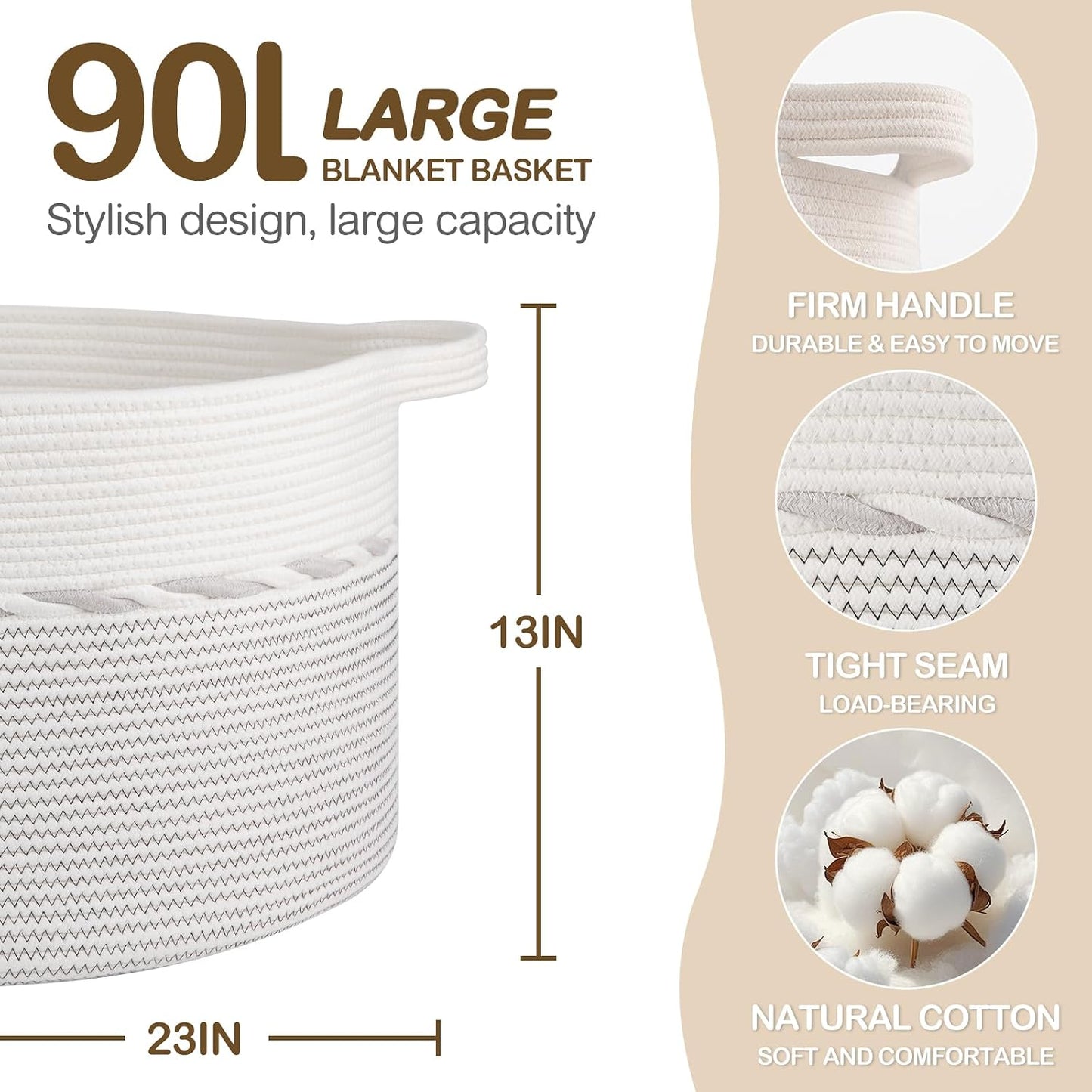 OIAHOMY 90L Extra Large Blanket Basket - Decorative Cotton Rope Storage Basket for Bedroom, Living Room & Nursery - Woven Laundry Hamper for Organizing Blankets, Clothes & Toys - Light Grey & White