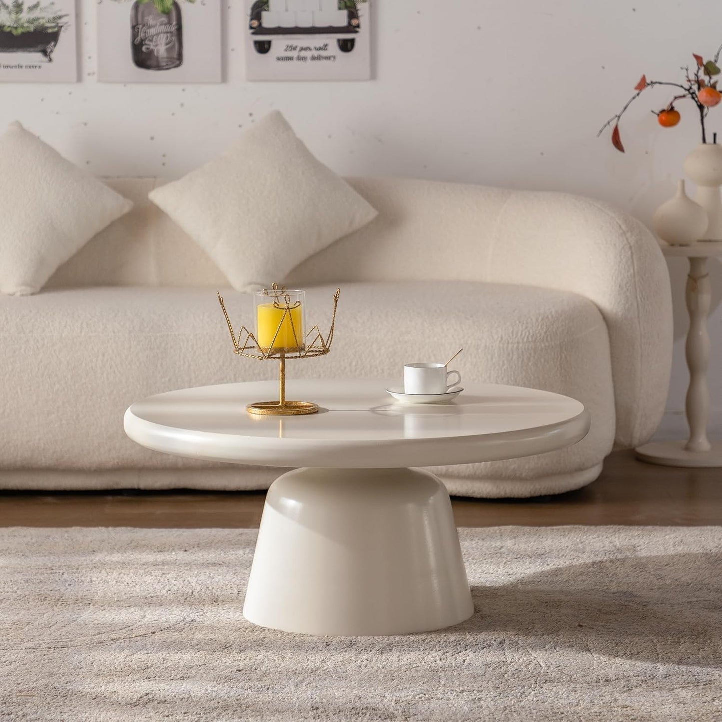 White Round Coffee Table (White 31in) | Cream Irregular Coffee Tables, Unique Pedestal Funky Cute Center with Large Tabletop & Legs, Irregular circular Coffee Table