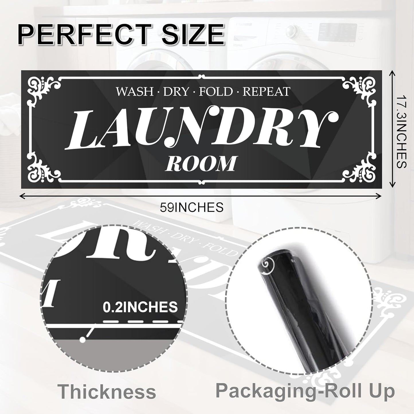 Laundry Room Rug: 17"X60" Non-Slip Washable Runner Rug, Rolled-up – NO Creases, Laundry Room Decor and Accessories, Text Design Laundry Mat - Area Rug for Farmhouse Kitchen Living Room Hallway
