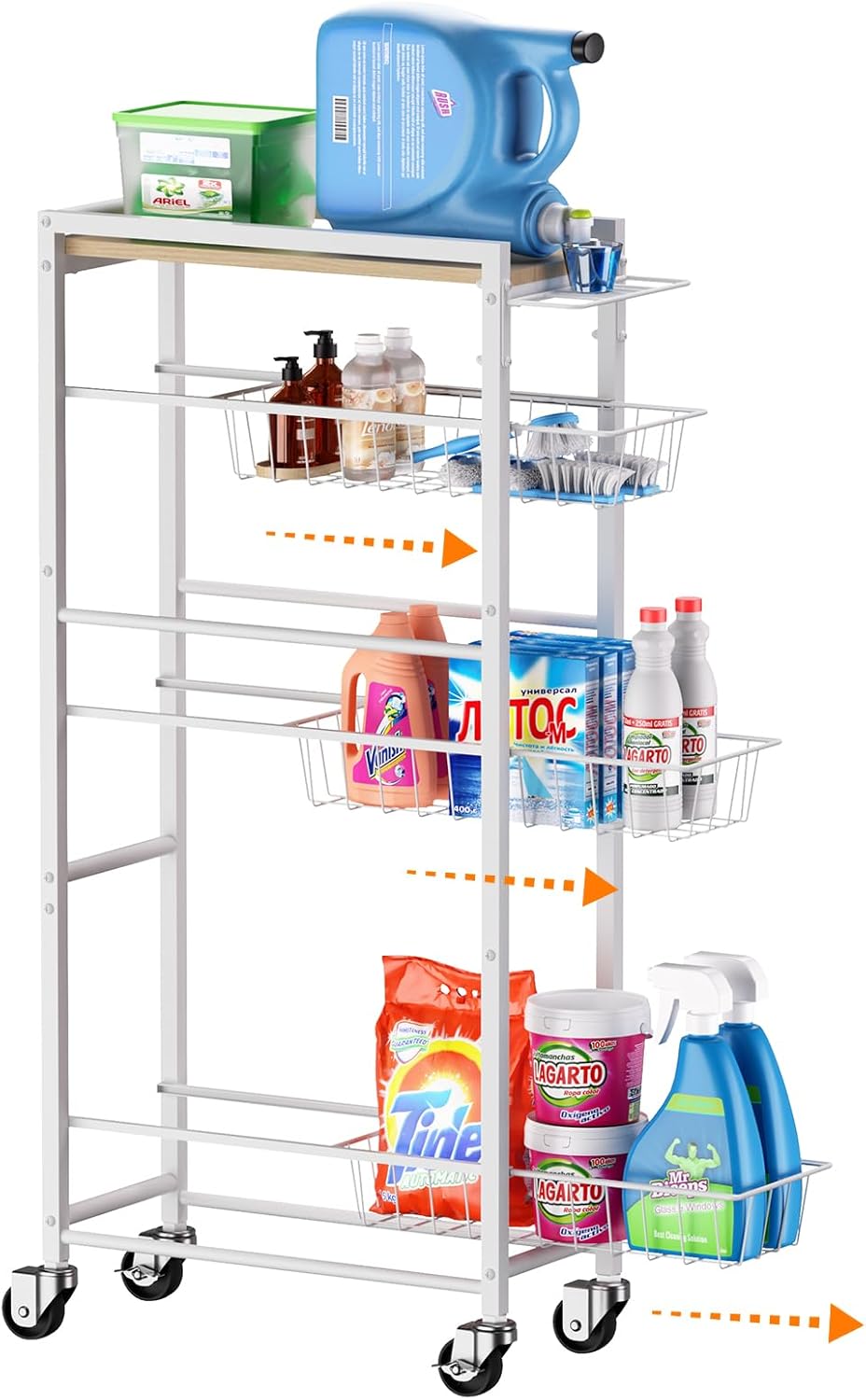 4 Tier Slim Rolling Storage Cart with Pull-Out Baskets, Narrow Sliding Storage Slim Laundry Rolling Cart Between Washer and Dryer