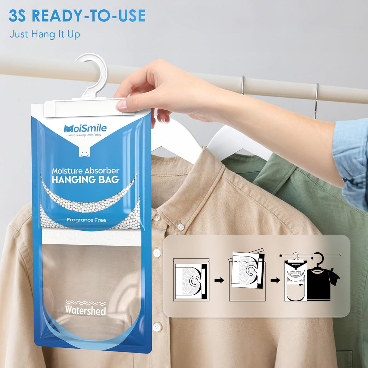 Moisture Absorbers 10 Pack, Fragrance Free Hanging Closet Dehumidifier Bags, Humidity Packs Odor Eliminator for Closet, Bathroom, Bedroom, Basement, Car, 9.8 OZ