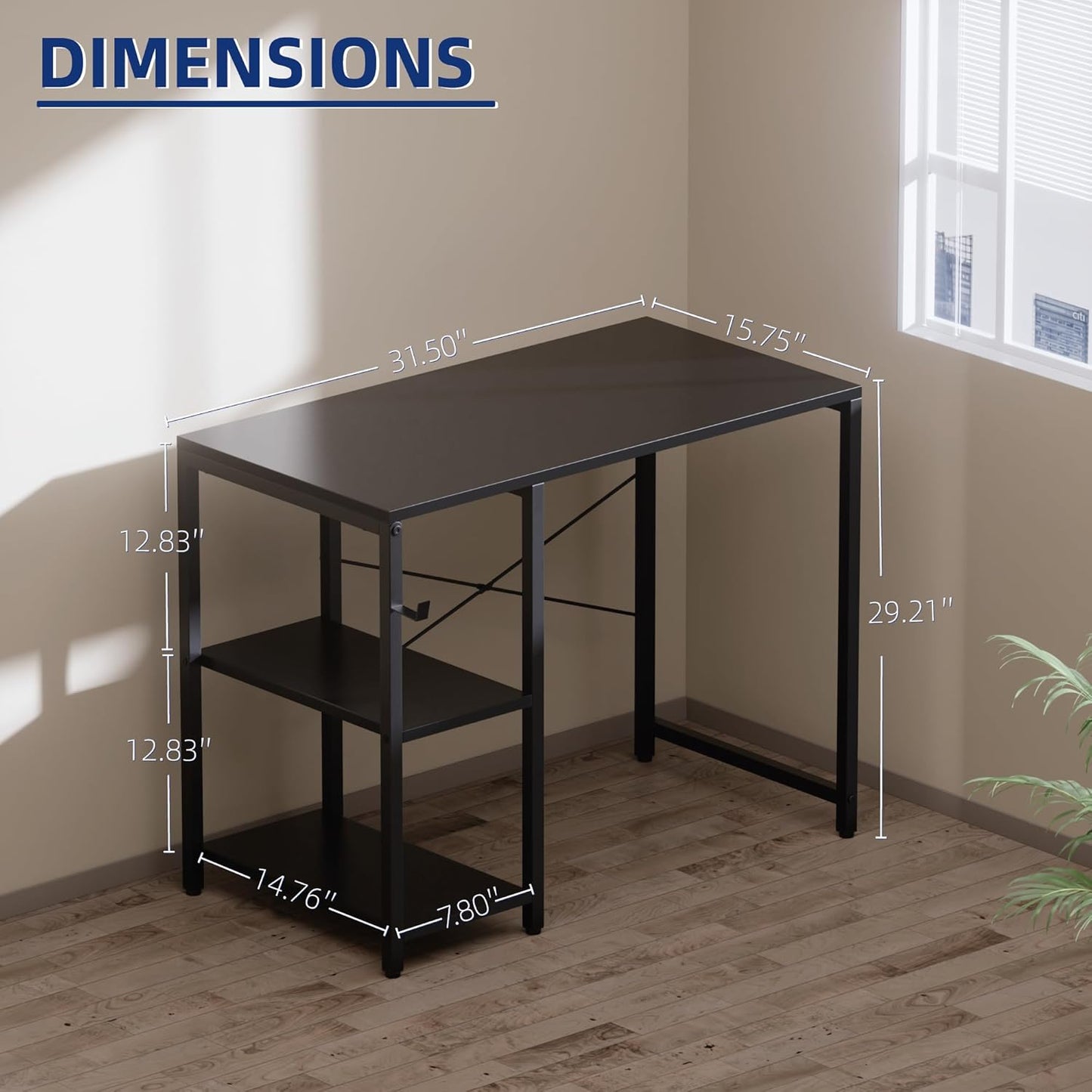 Pamray 32 Inch Small Computer Desk with Shelves, Home Office Desk with Headphone Hook for Bedroom, Study Writing PC Table for Small Spaces, Black