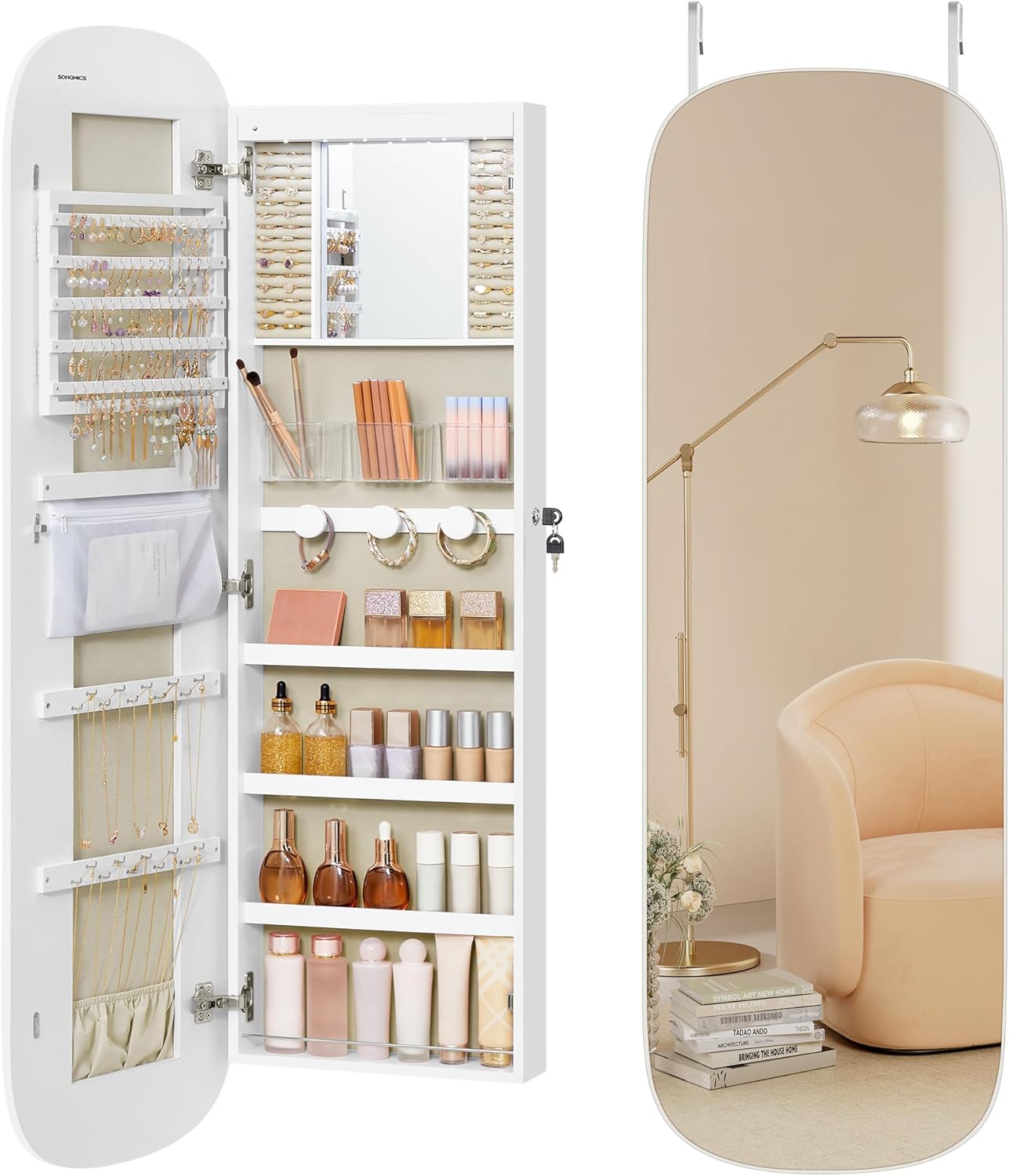 SONGMICS Wide Jewelry Organizer, LED Jewelry Cabinet Wall/Door Mounted, Arched Mirror with Storage, Lockable, Rounded Corner, Interior Mirror, 3.9 x 16.5 x 42.5 Inches, Ink Black UJJC020B01
