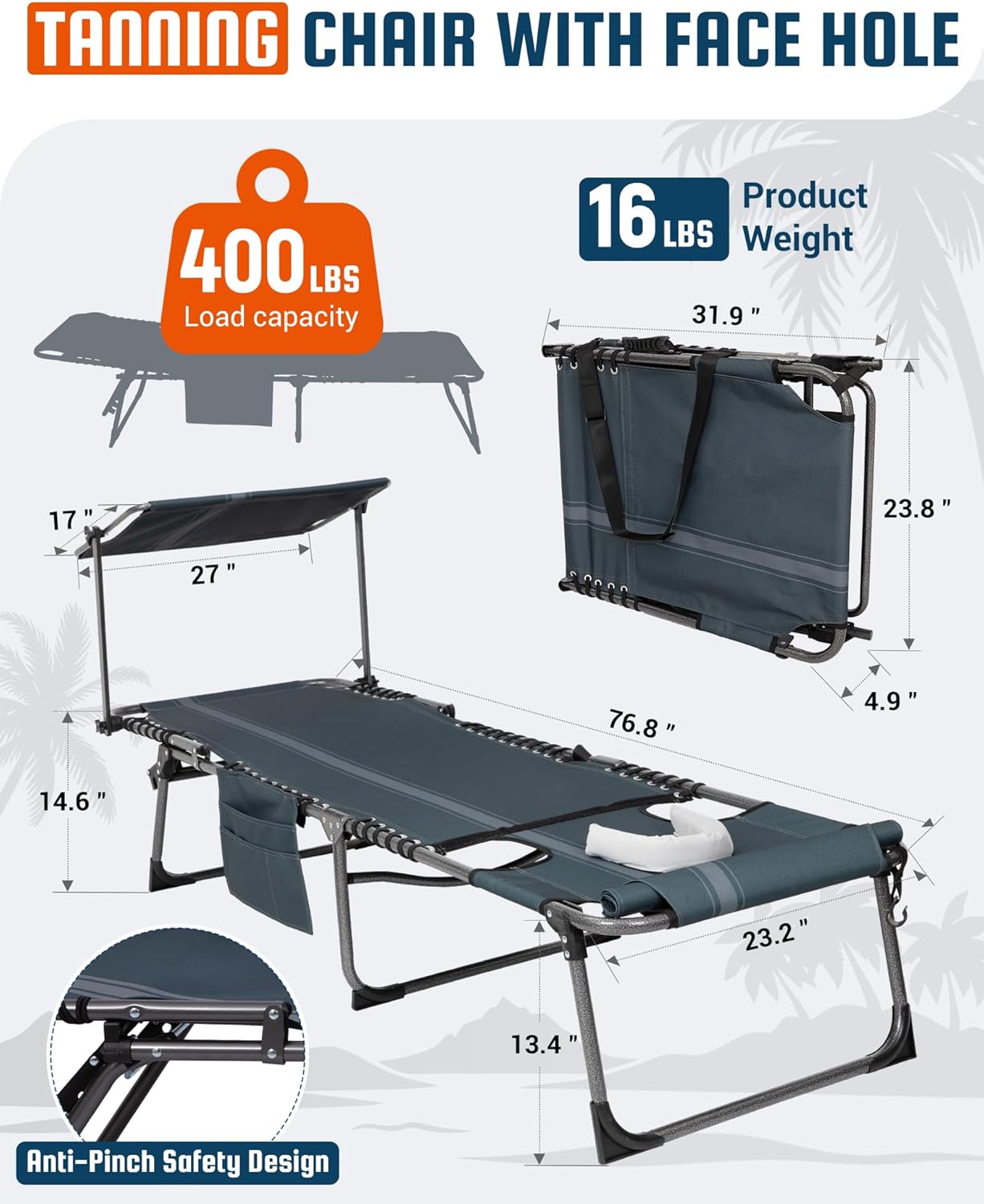 KingCamp Lounge Chair with face Hole & Canopy Shade, 400LBS Folding Portable Tanning Chair with face Hole, Adjustable 5-Position Foldable Beach Sun Tanning Chair for Outside Beach Patio Outdoor Pool