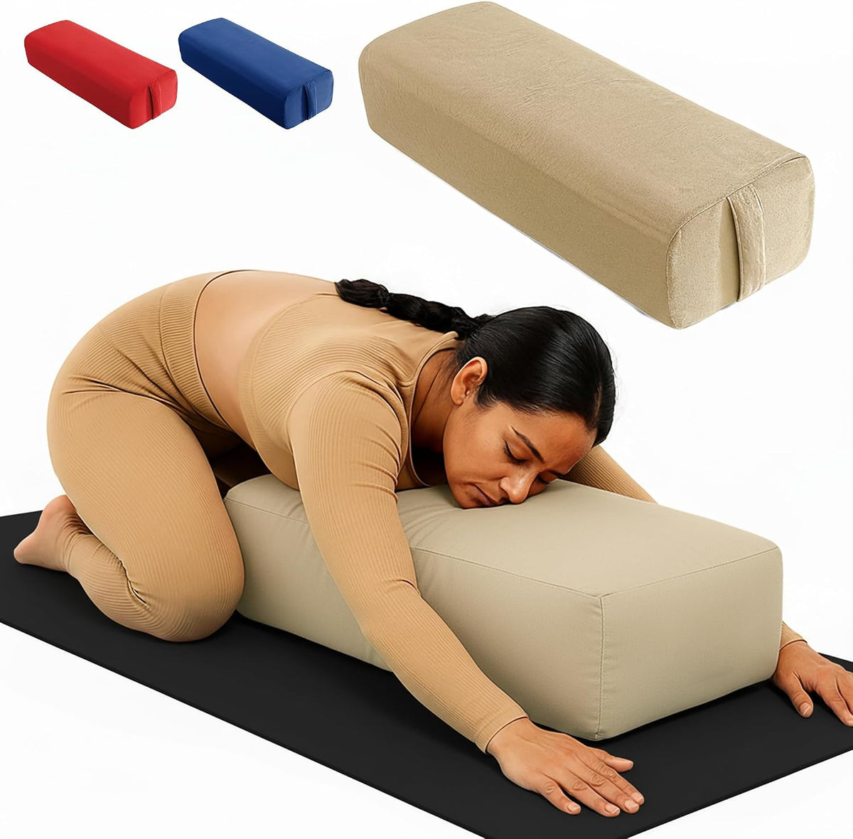 Rectangular Yoga Bolster Pillow for Meditation, Yoga & Back Support – Soft Meditation Cushion with Removable Hand Wash Cotton Cover & Carry Handle (Red)