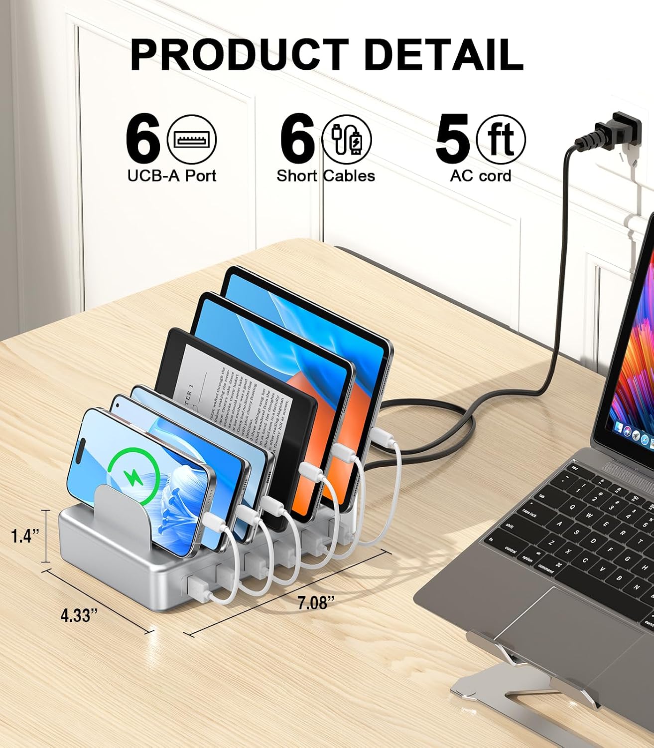 6 Port Charging Station for Multiple Devices, Multi Phone Charging Station | with 6 Cables, UL Test Report, Multi USB Charger Station for Cellphone iPad iPhone Tablet, for Family Office School (Silver)