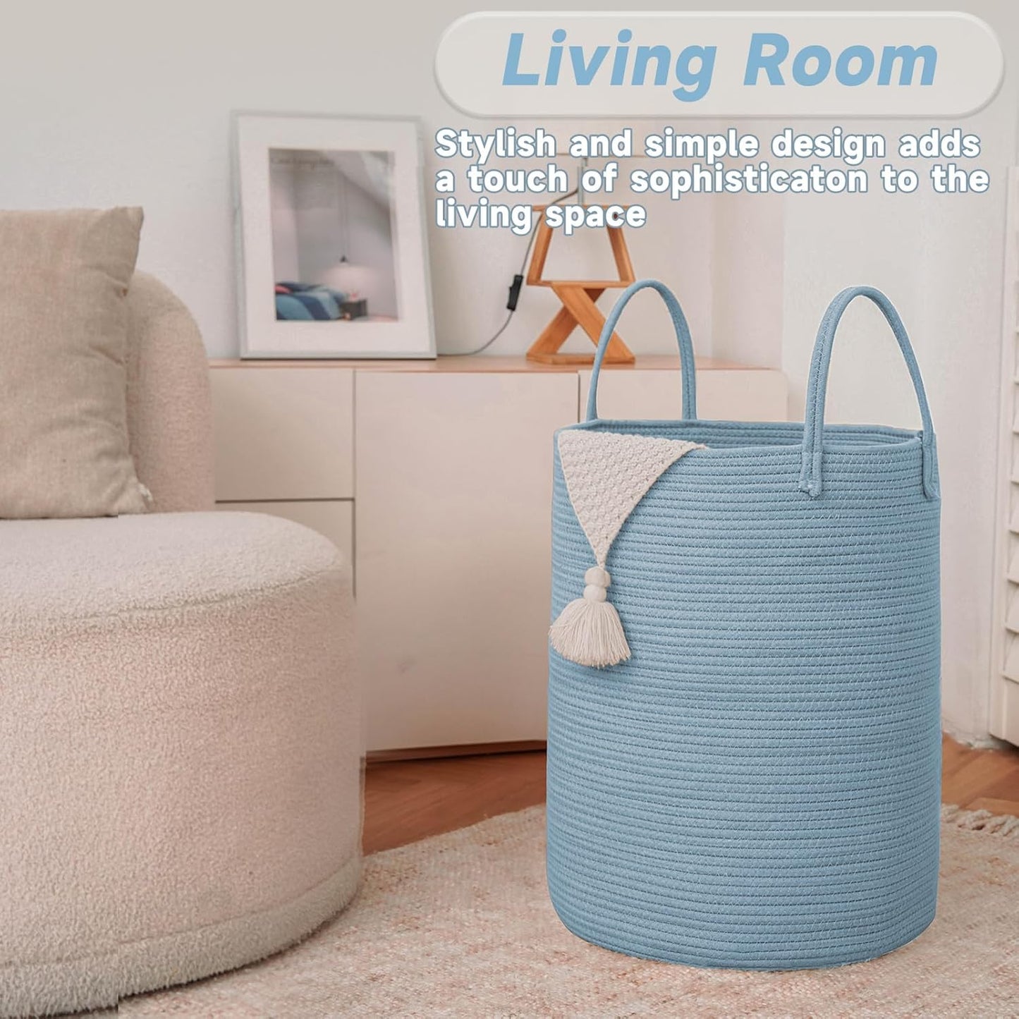 JMvicyroam Large Woven Laundry Basket Hamper,60L Cotton Rope Storage Bin for Blankets,Toys and Clothes,Decorative Tall Nursery Hamper for Living Room,Baby Nursery,Bathroom and Bedroom,Blue