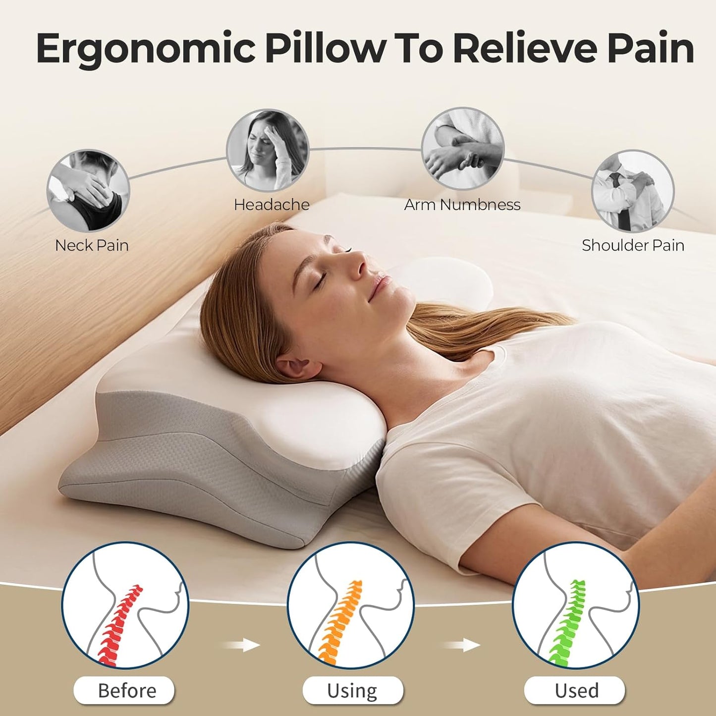 Ylekto Cervical Neck Pillow for Pain Relief - Contour Memory Foam Pillows for Sleeping, Ergonomic Pillow Side Sleeper Pillow for Neck Support, Orthopedic Bed Pillow for Side Back Stomach Sleepers