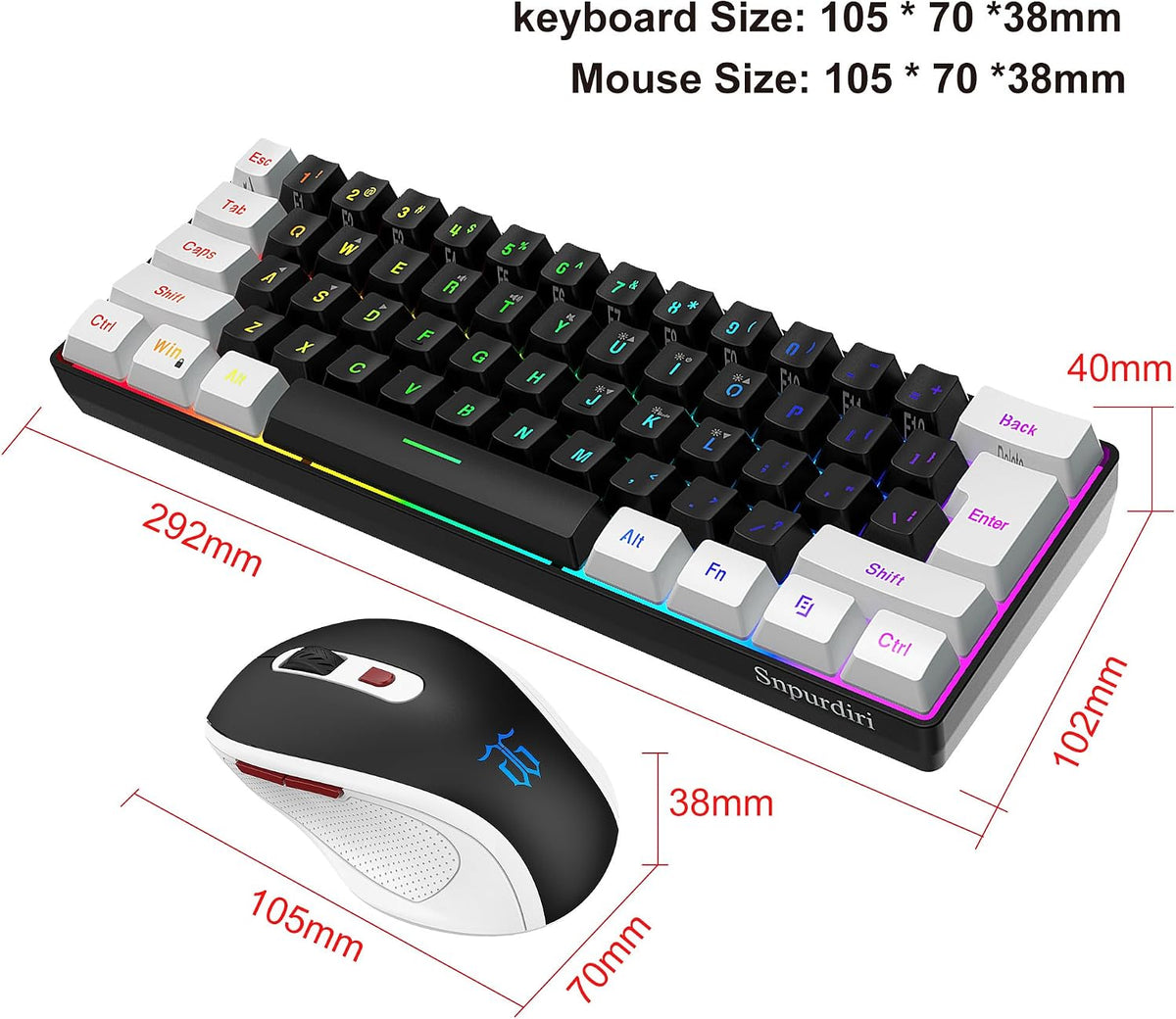Snpurdiri 2.4G 60% Wireless Gaming Keyboard and Mouse Combo (White-Black)