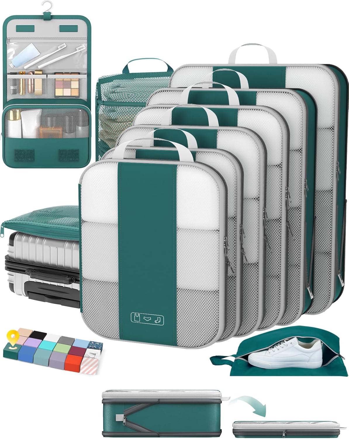 10 Set Compression Packing Cubes for Travel Essentials,Compressible Expandable Packing Cubes for Suitcase,OlarHike Luggage Garment Bags for Travel,Handy Helper for Organizing Clothes(Dark Blue Green)