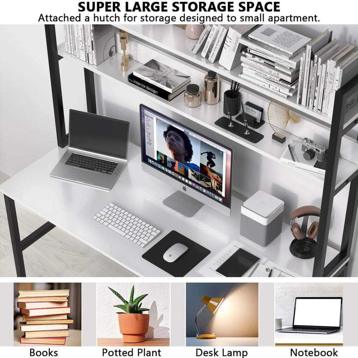 Aquzee Computer Desk with Shelves, 47" W x 23.6" D Gaming Desk with Hutch and Bookshelf, White Study Table for Bedroom Space Saving with 3 Tier Storage Shelf, Home Office Desk for Writing Work