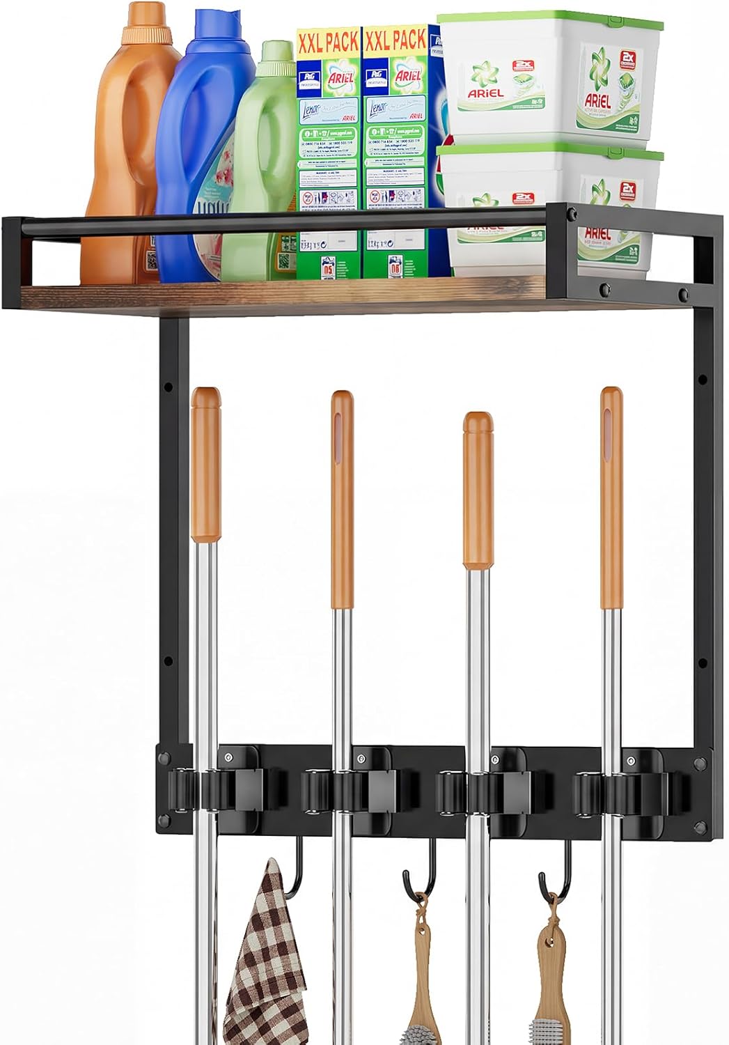 Broom Holder Wall Mount with Shelf Load 66LBS Broom and Mop Organizer Wall Hanging Broom Hanger with 4 Mop Hanger Grippers, 3 Hooks for Laundry Room, Garage, Utility Closet, Kitchen, 1 Pack