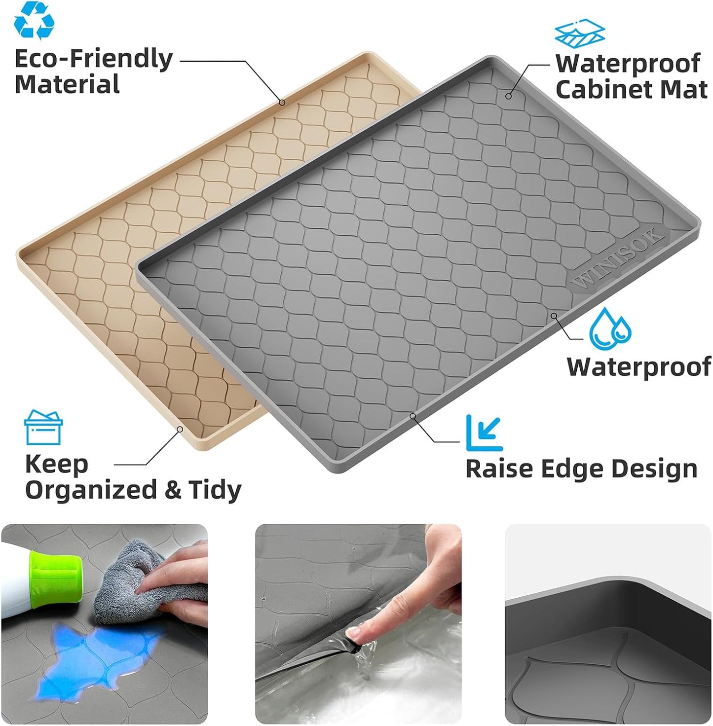 Winisok Silicone Under Sink Mat 34" x 22", Kitchen Essentials and Gadgets, Shelf Liner and Cabinet Protector, Home Organizers and Storage, Waterproof Bathroom Tray