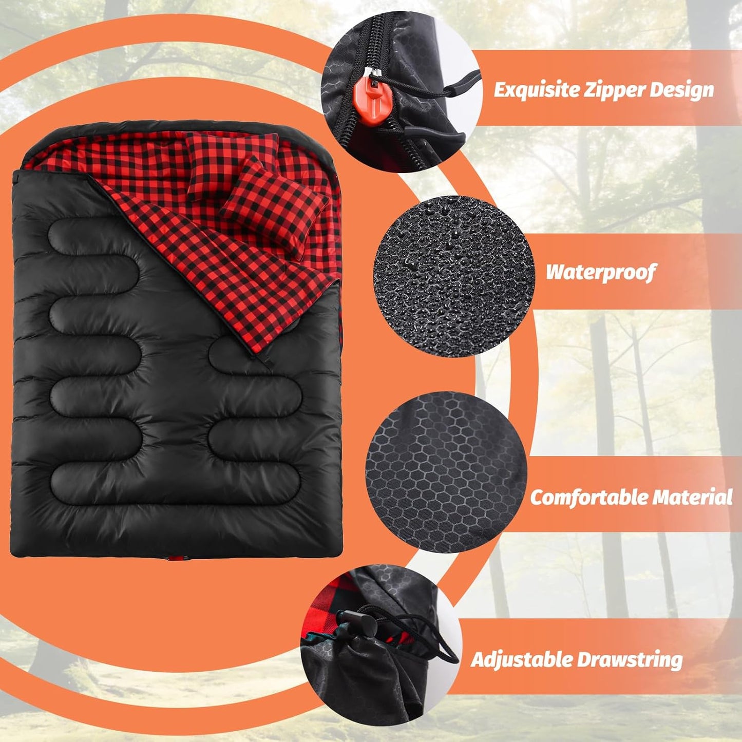 Swtmerry Double Sleeping Bag for Adults with 2 Pillows, Big&Tall XL Queen Size Sleeping Bag for 2 Person, Waterproof 2 Person Sleeping Bags for 3 Seasons,Cold Weather&Warm,Camping,Hiking & Backpacking
