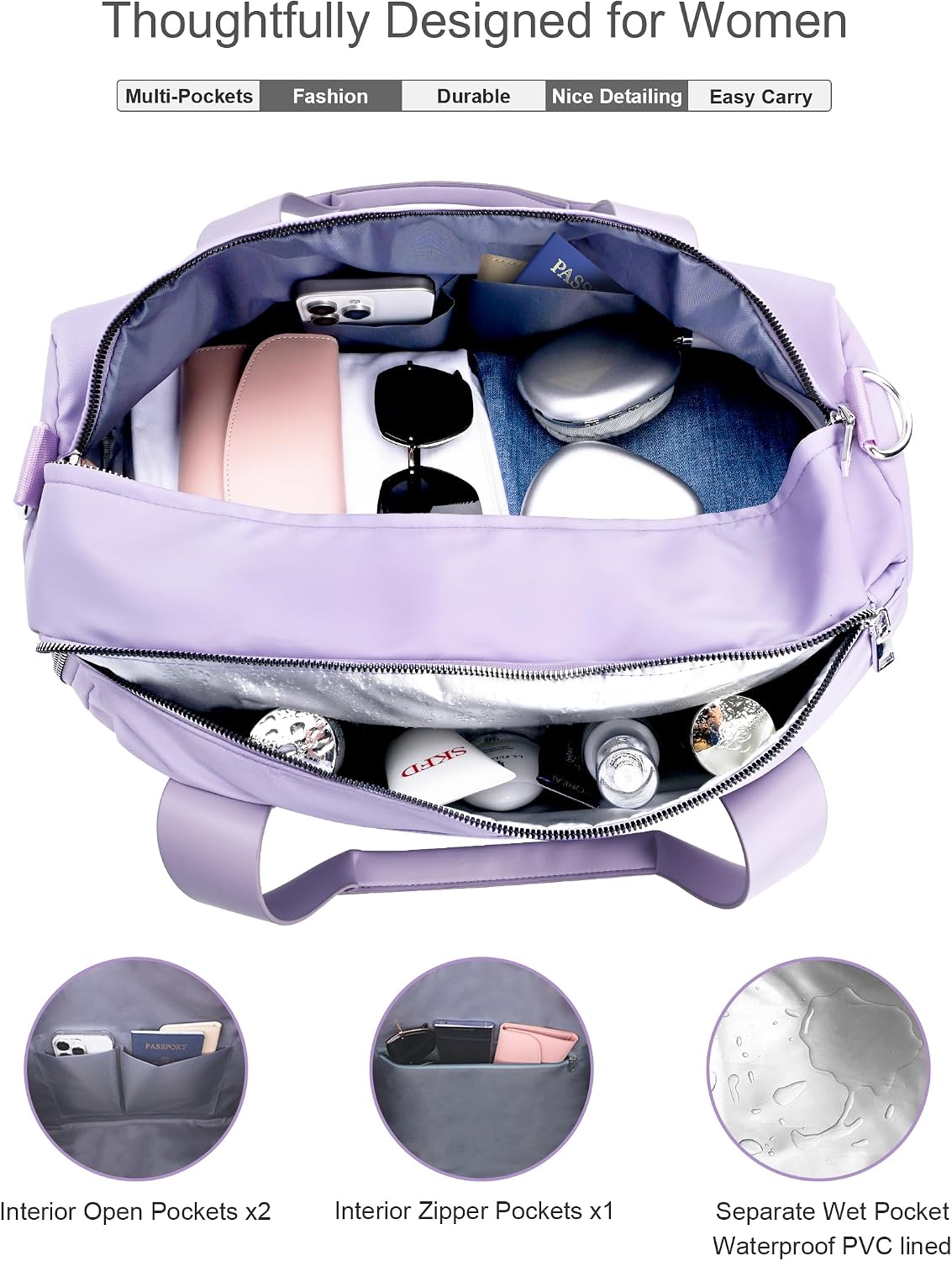 19" Purple Personal Gym Bag for Women,with Shoe Compartment & Wet Pocket