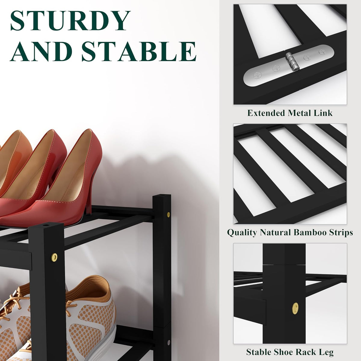 Smiry Bamboo Shoe Rack for Closet, 2 Tier - 26.77" Wide, Black