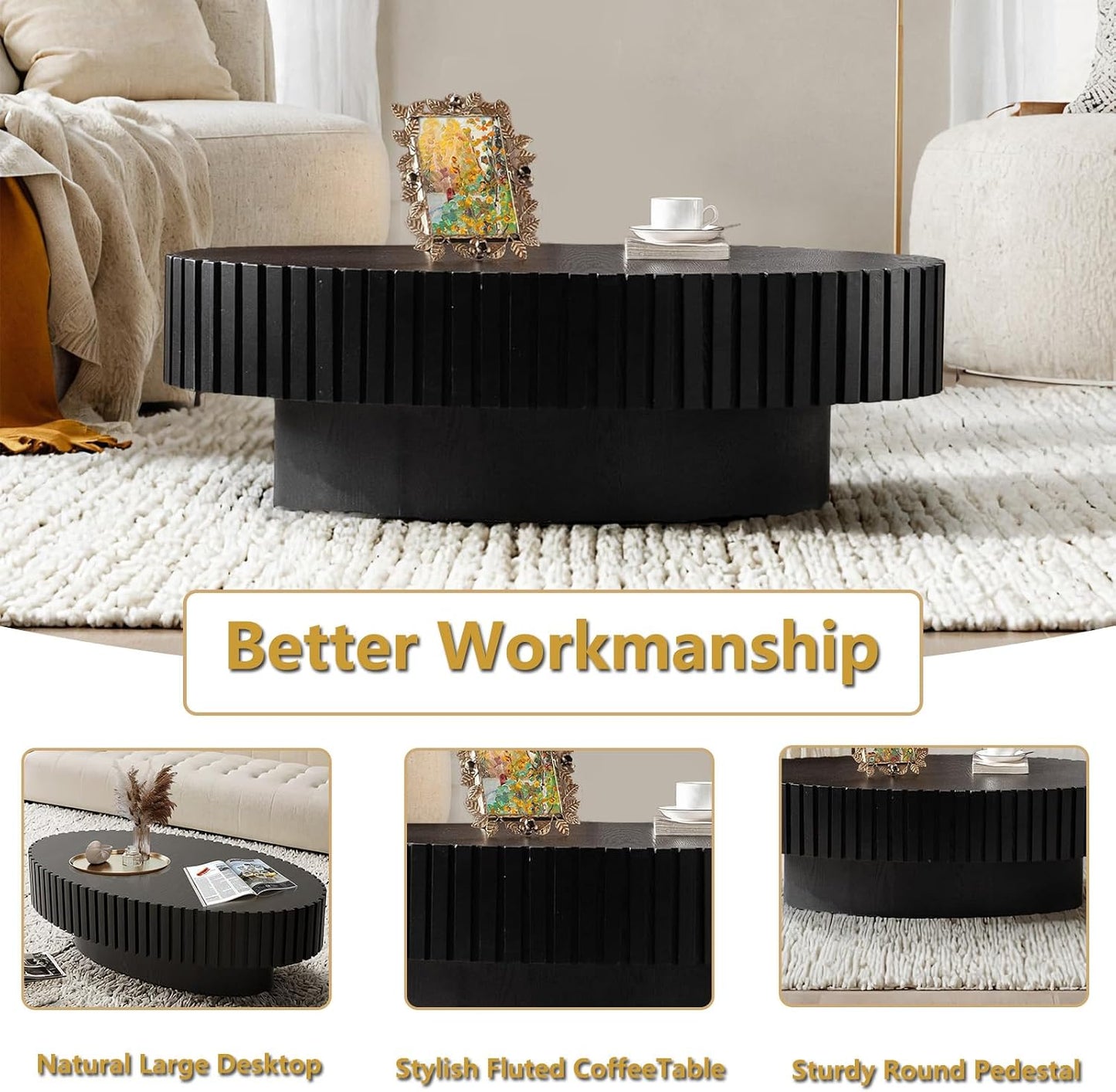 Mid Century Modern Oval Fluted Coffee Table (K) | Handcraft Drum Coffee Table, Sturdy Pedestal, Wood Veneer Top, for Living Room Reception Room Farmhouse
