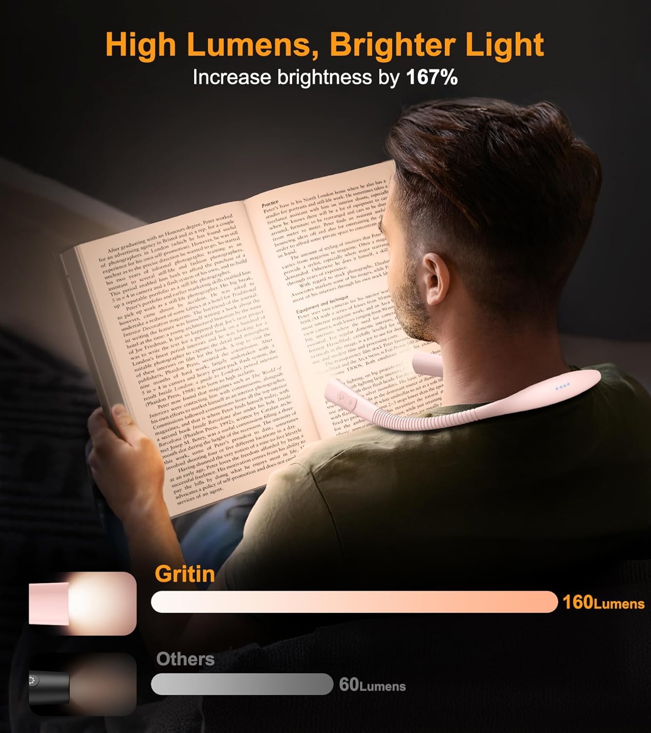 Gritin Book Light, Eye Caring 4-Color & 5-Brightness Neck Light Reading Light- Stepless Dimming,30-min Timer,80+ Hrs Runtime,Bendable Round Neck Design, Lightweight for Reading-Pink