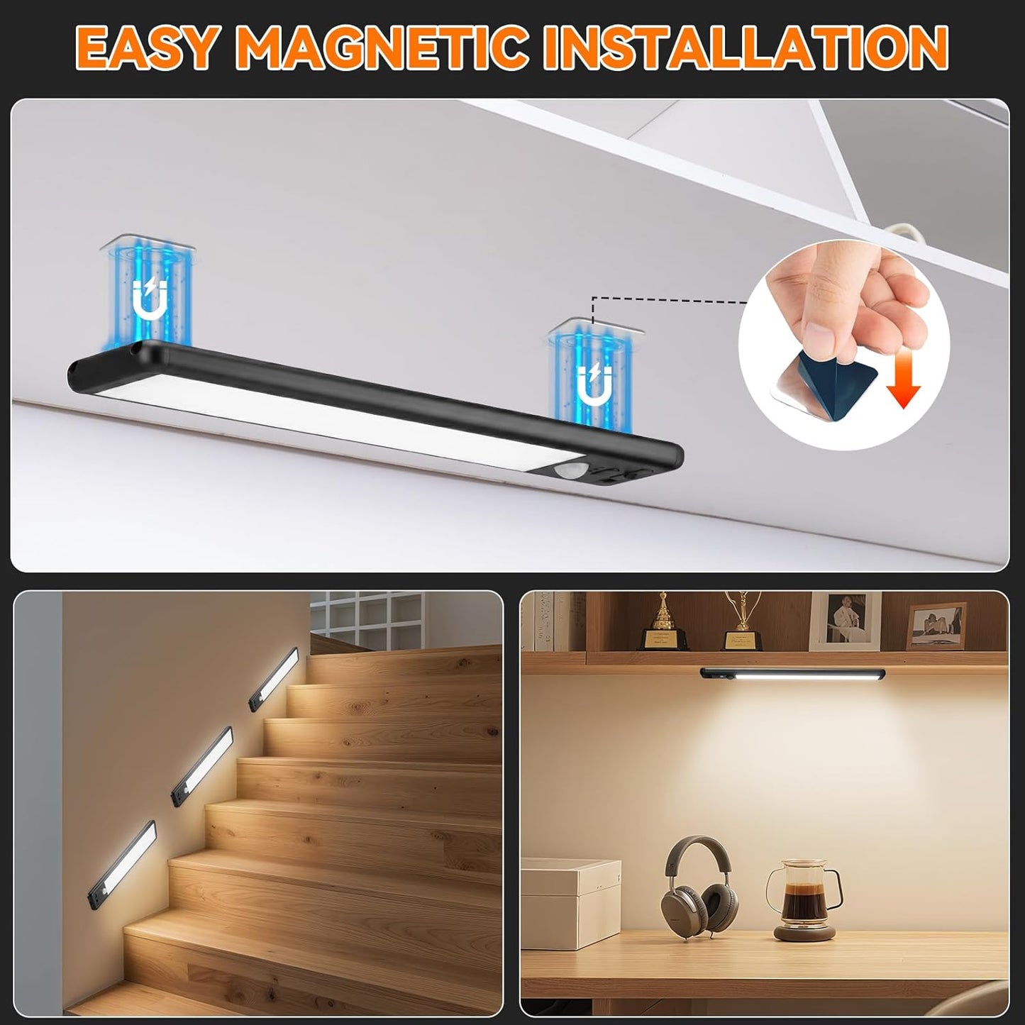 Under Cabinet Lighting Wireless, Rechargeable 10inch Motion Sensor Light Indoor, 3 Color Closet Light Battery Operated with LED Power Display, Magnetic Under Counter Lights for Kitchen (3Pack-Black)