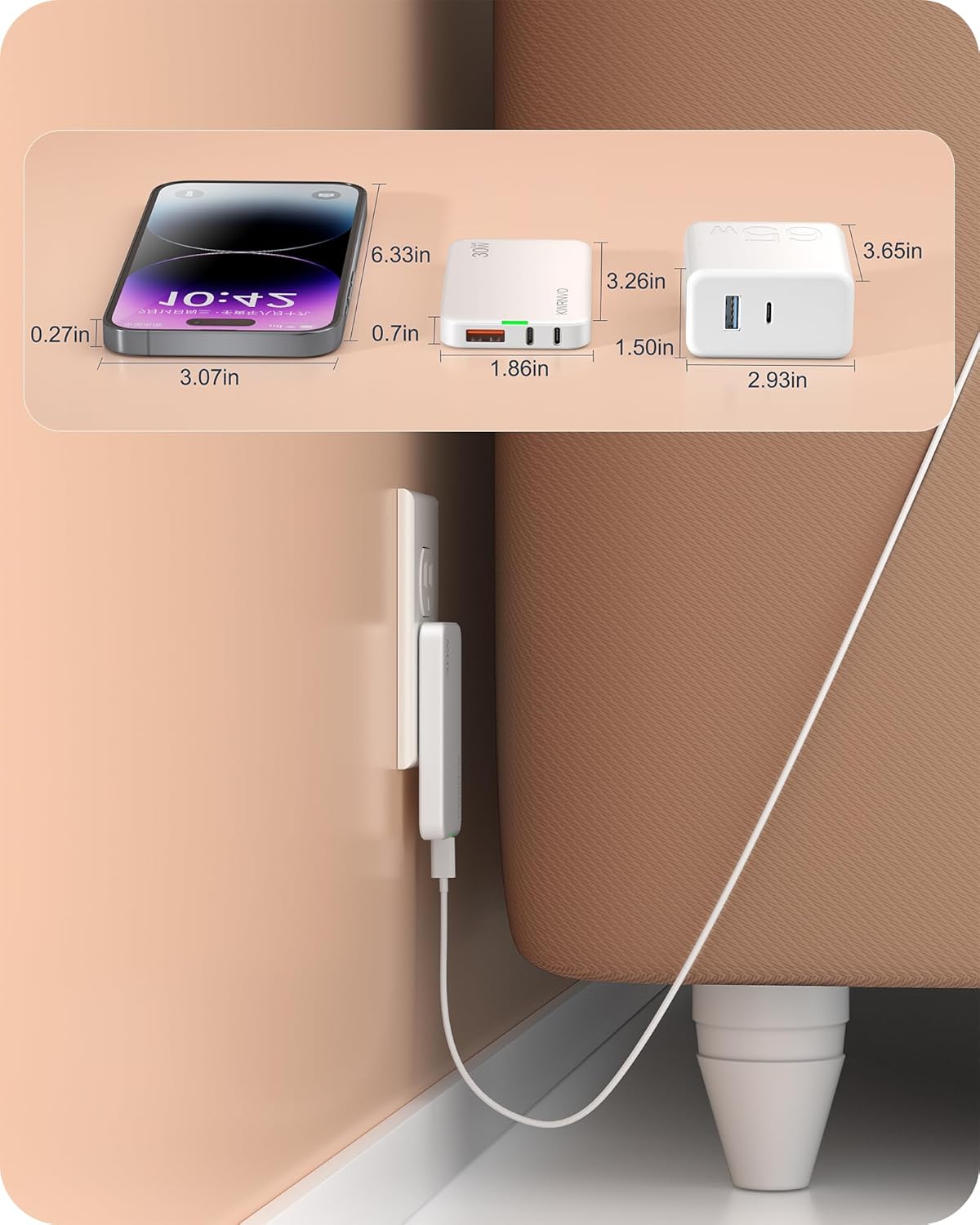 Ultra-Slim Flat USB Wall Charger for Phones & Tablets 30W GaN 3-Port Fast Charging with 2 Type-C & 1USB-A Port for iPhone 16/15/14/13/12/11/Pro Max/XS/XR/8/7 White