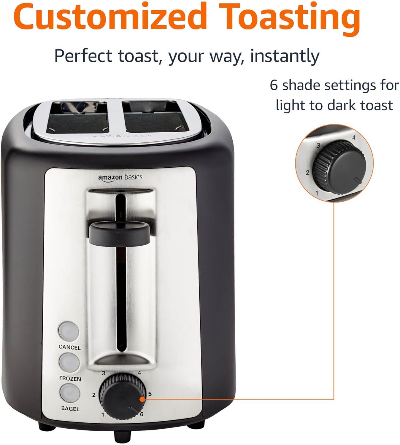 Amazon Basics 2 Slice Toaster, Extra Wide Slots for Bagels, 6 Browning Settings, Removable Crumb Tray, Defrost/Cancel/Bagel Buttons, Cord Wrap, 900W, Black & Silver
