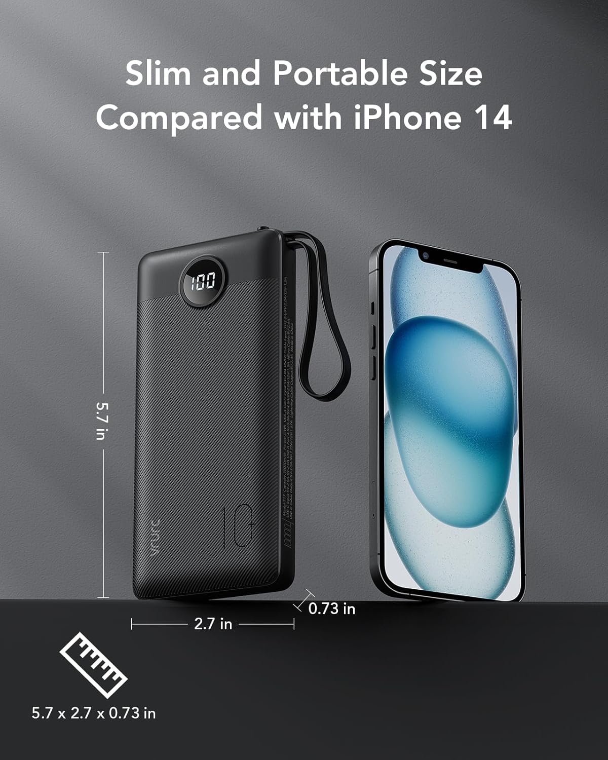 VRURC Portable Charger, 22.5W Fast Charging Power Bank Built‑in 4 Cables, 10000mAh Slim Lightweight Travel Battery Pack for iPhone, Samsung & Multi Devices, Pocket‑Friendly with Lanyard(1 Pack)