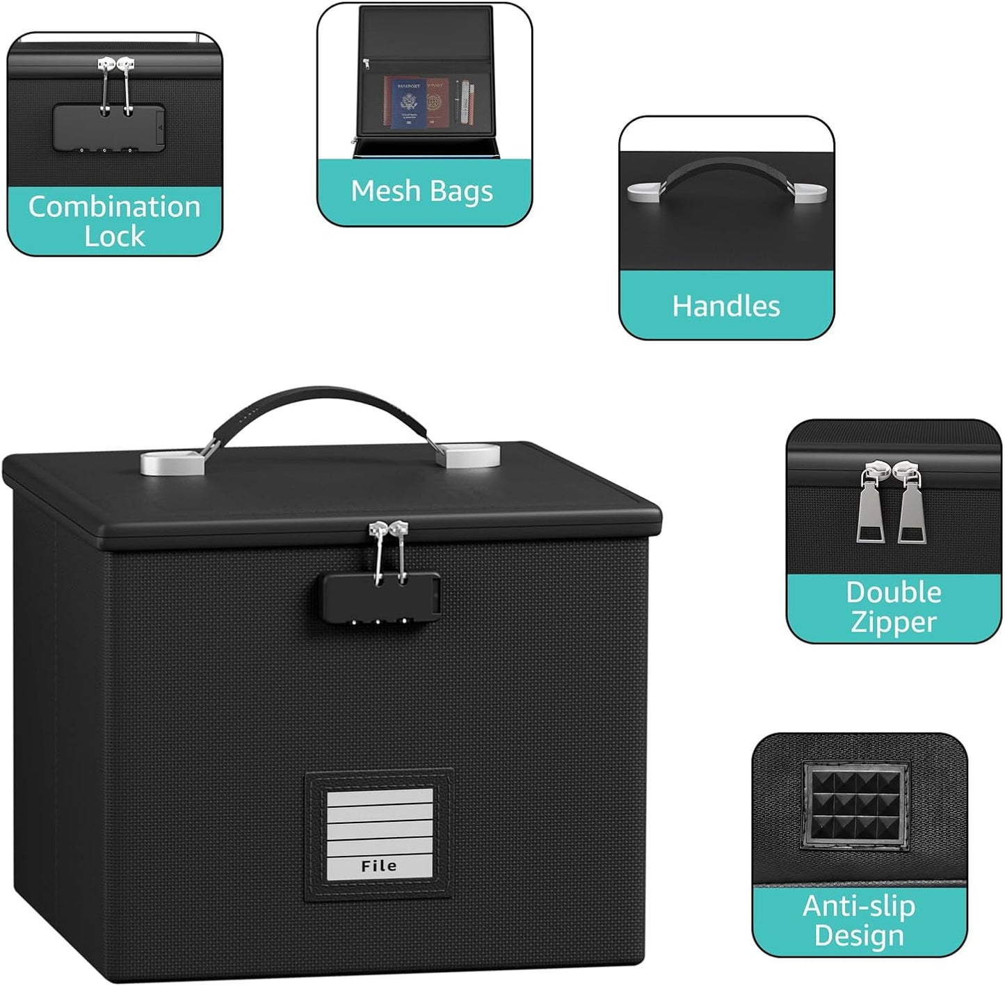 Fire Proof File Box for Documents - Portable Fireproof Document Organizer Box with Handle Waterproof Safe Locking Folder Storage with Lid