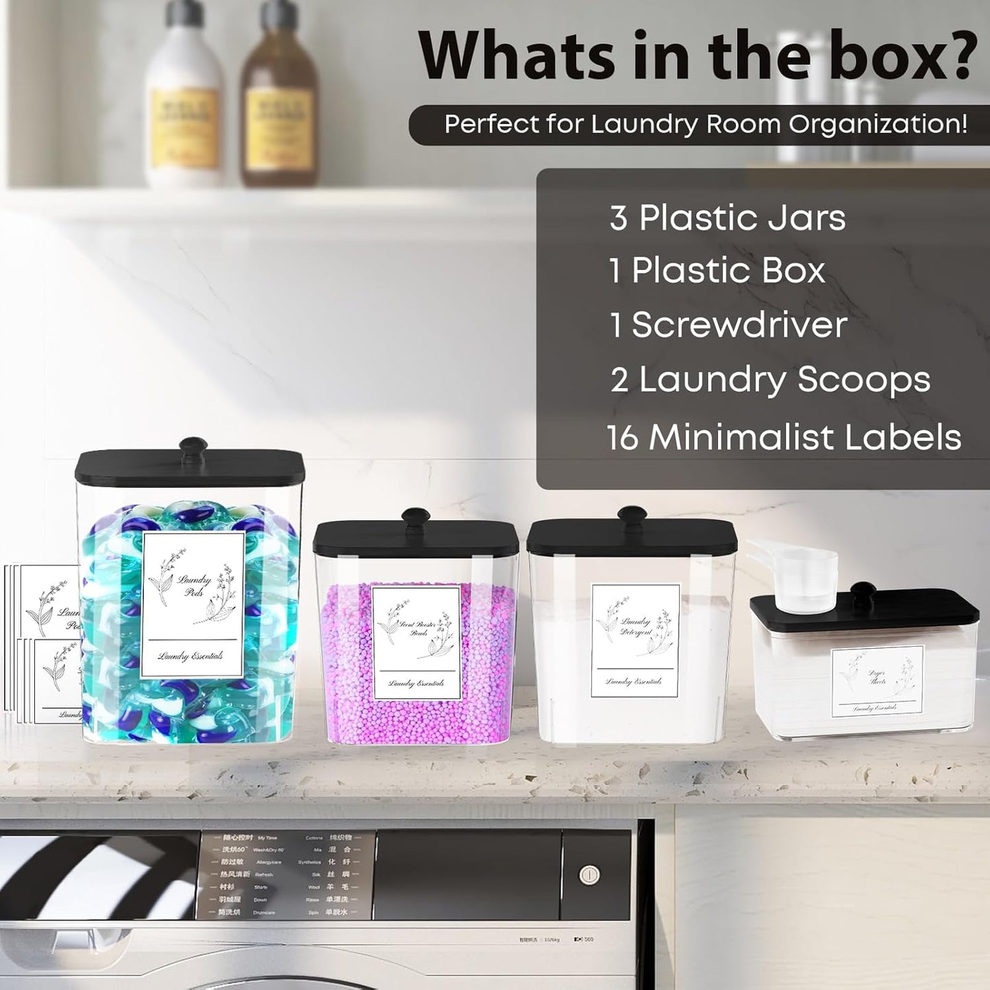 COAZEX 4 Pack Clear Laundry Pods Container & Dryer Sheet Holder, Plastic Square Laundry Room Organization and Storage Jars with Lids, Scoops & Labels for Detergent, Powder, Dryer Balls (Black Lid)