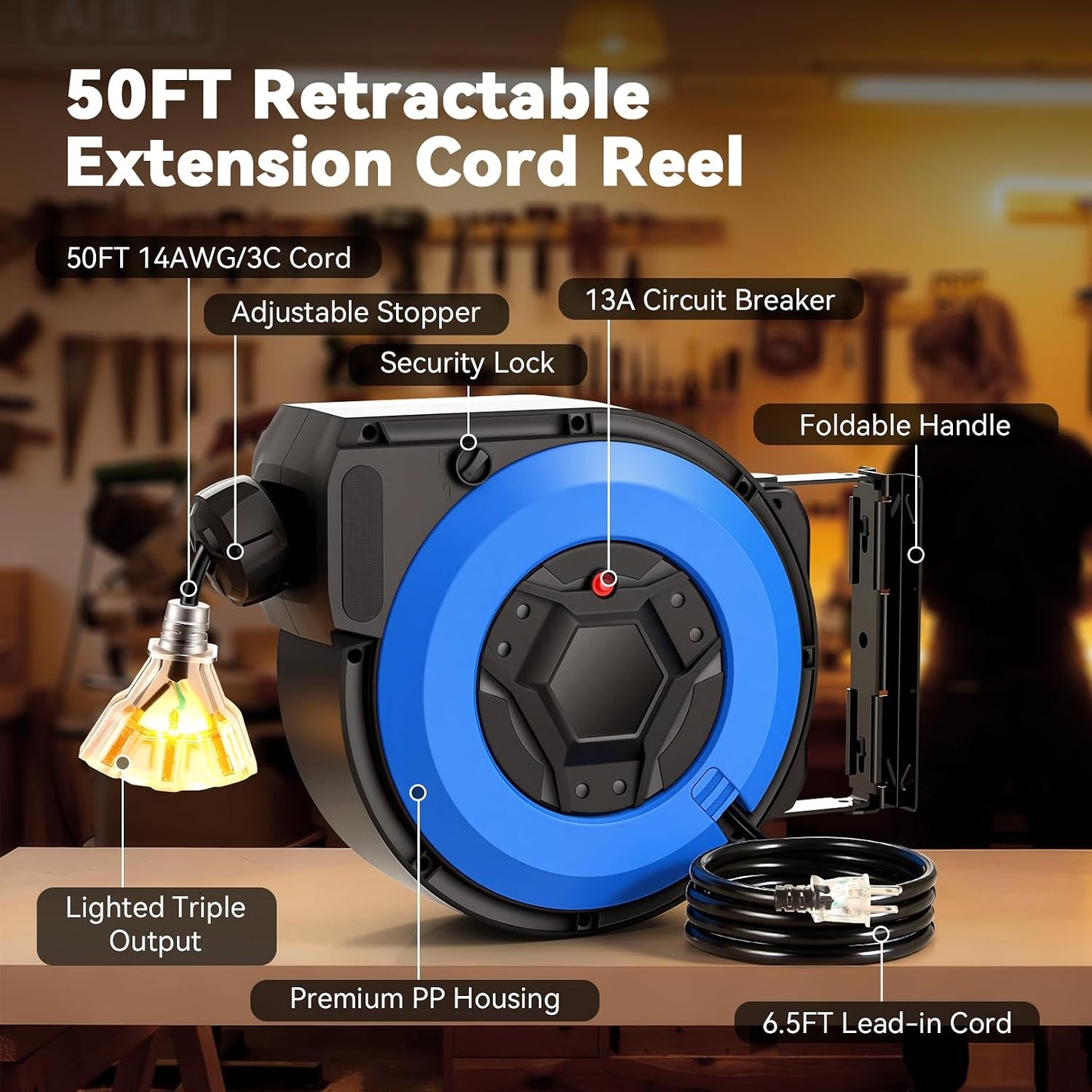 Retractable Extension Cord Reel, 50FT Heavy Duty Power Cord for Garage Workshop, 14AWG/3C SJTOW Cord Reel, UL Listed, Security Lock, 13A Circuit Breaker, 3-Lighted Triple Outlets, 180°Swivel Bracket