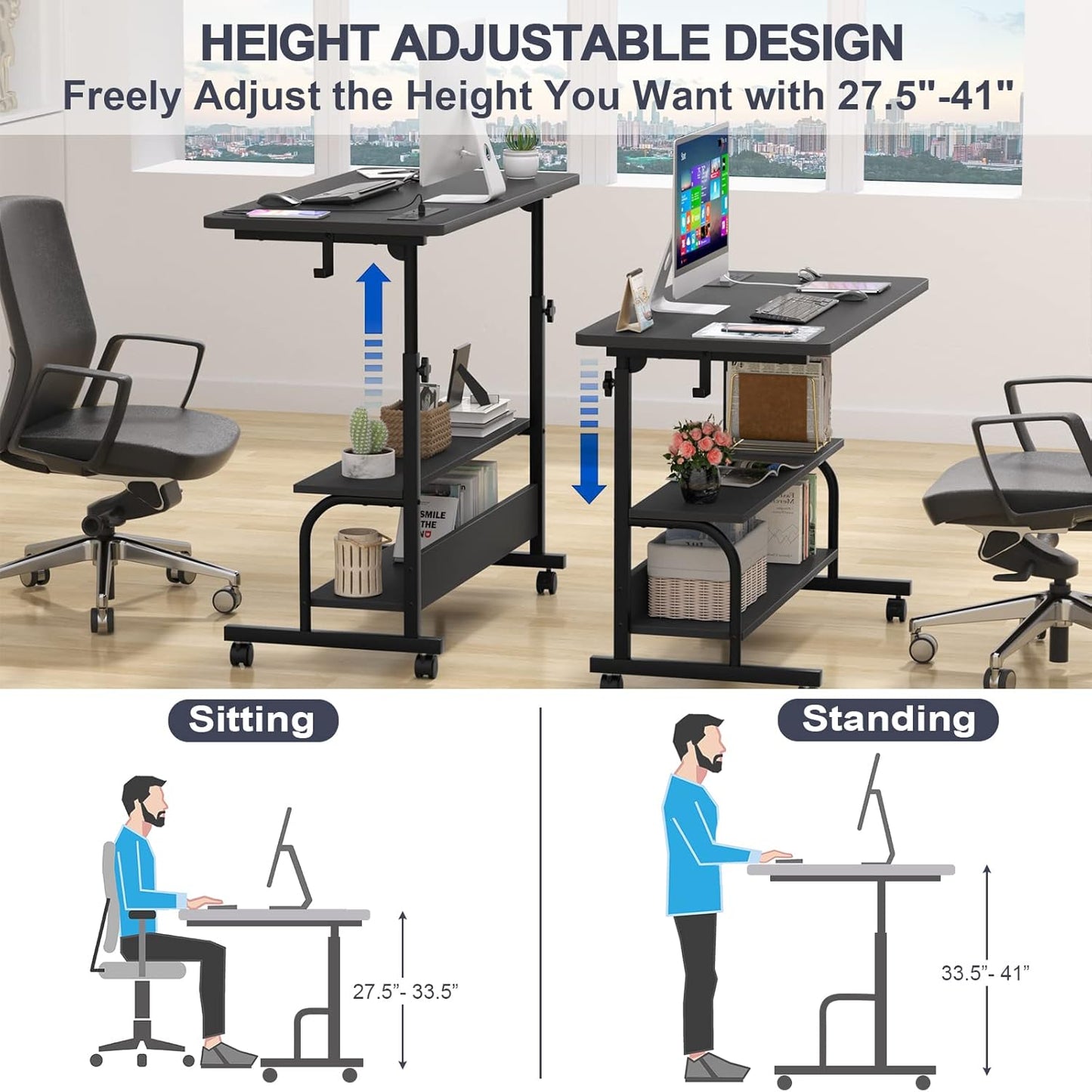 Armocity Rolling Standing Desk with Charging Station, Portable Height Adjustable Mobile Computer Desk with Wheels & 2-Tier Shelves & Hooks, Easy Assembly Laptop Table for Couch Bed, 32" Black