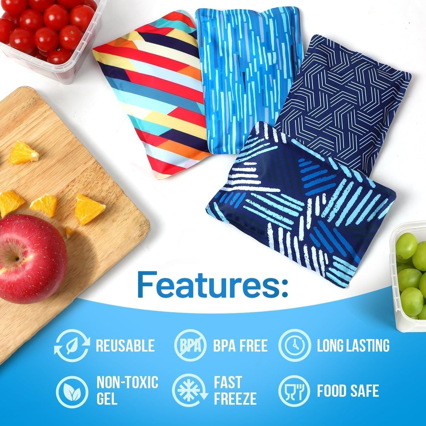 Everlasting Ice Reusable Ice Packs for Lunch Boxes & Coolers (4 Pack) Flexible, Long-Lasting, BPA Free, Versatile Lunch Box Ice Packs for Insulated Bags, Picnic, Travel, and More